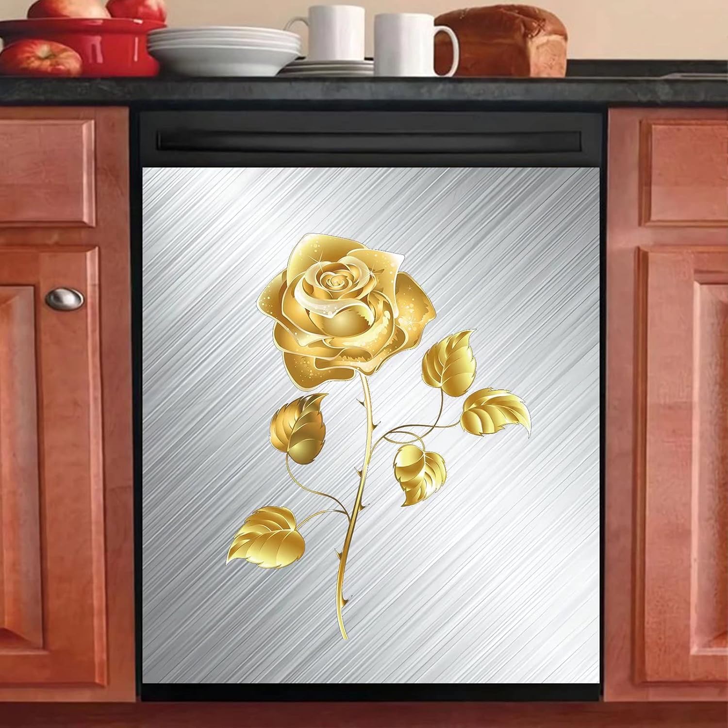 ステンレススチールパターン食器洗い機マグネットカバー、家電用ホワイトステンレススチールカバー、ローズフラワー食器洗い機磁気冷蔵庫パネ