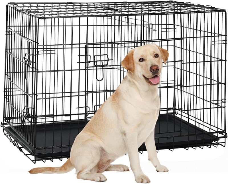 Caixa de Transporte para Cães Grandes BIQWBIC em Metal Dobrável com Duas Portas e Bandeja Removível 91,44 cm Preta