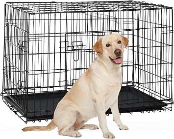 36 Inch Large Dog Crate, Heavy Duty Dog Crates for Large Dogs, Metal Wire Folding Dog Cage with Removable Trays, Locks, Double-Door, Divider Panel, Handle, Puppy Crate Pet Crate 36 in, Black