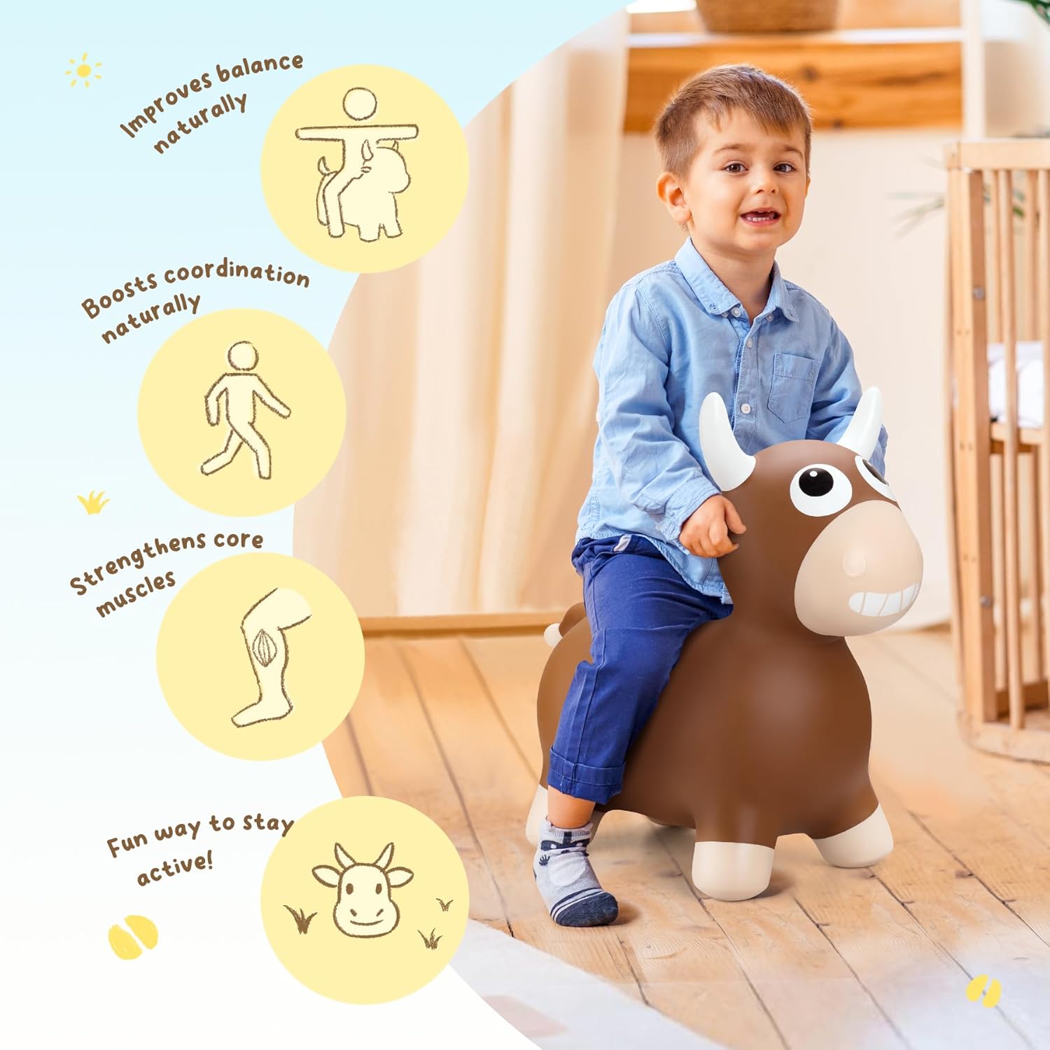 ZOOJOY Bouncy Bull Hopping Toys, Inflatable Brown Bouncy Horse Animal Hopper for Toddles, Outdoor Indoor Bouncing and Riding Toys for Boys Girls, Birthday Gifts for 18 Months 2 3 4 5 6 Yrs w/Pump