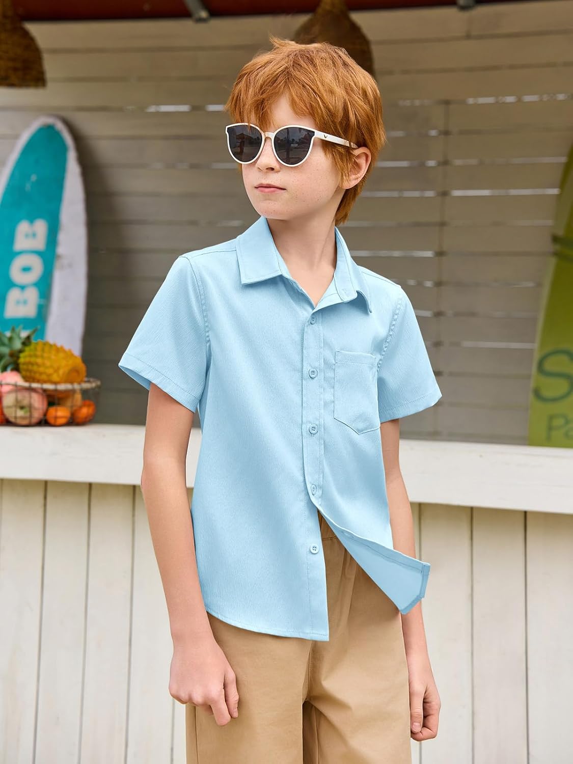 Haloumoning Boys Short Sleeve Textured Dress Shirts Kids School Uniform Button Down Shirt with Chest Pocket 5-14 Years - Image 3
