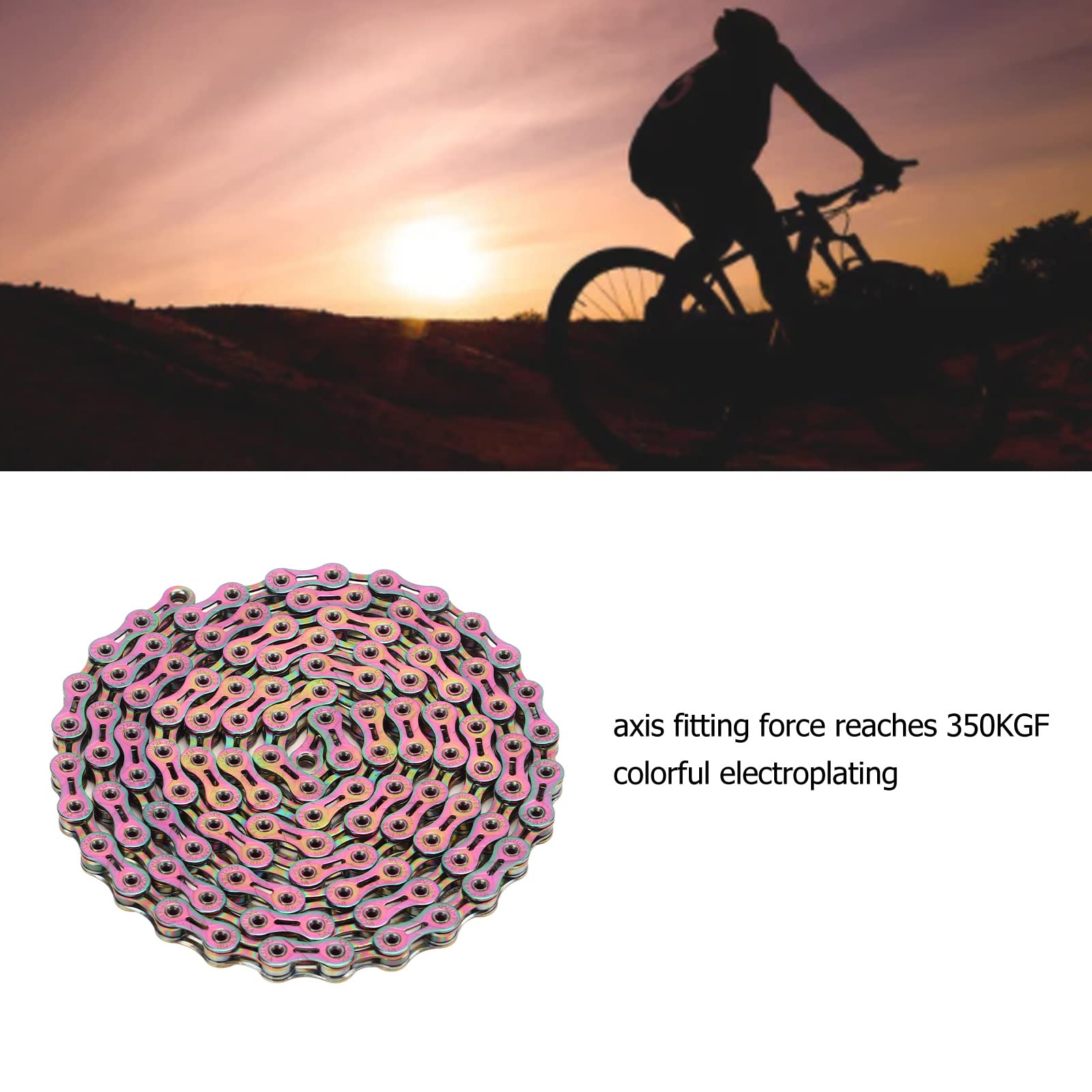 Catena per bici a 9 velocità, catena per bici da strada e mountain bike, in acciaio al carbonio resistente all’usura con finitura elettroplaccata colorata, design a doppia X Bridge