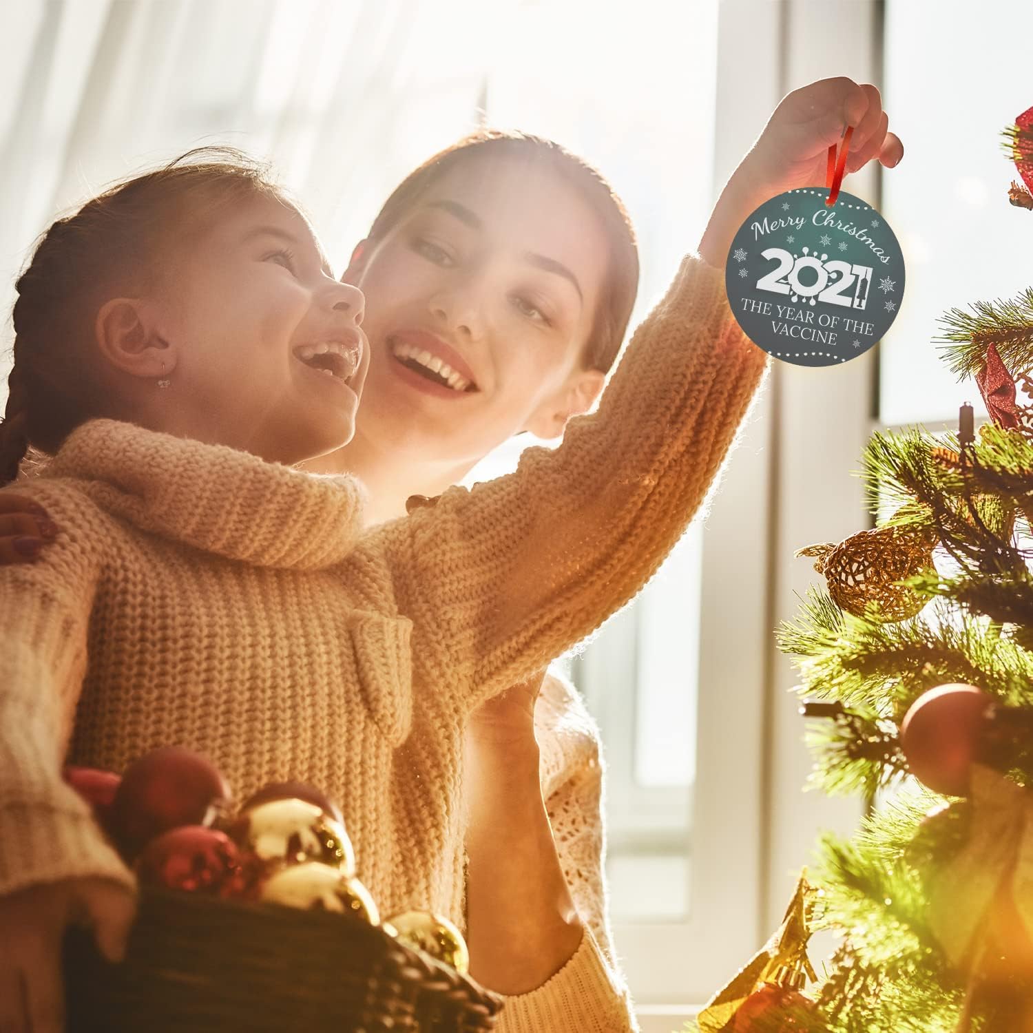 Merry Christmas, 2021, The Year of The Vaccine Ornament, Large 3.75" Round Metal Ornament, Velvet Pouch Included