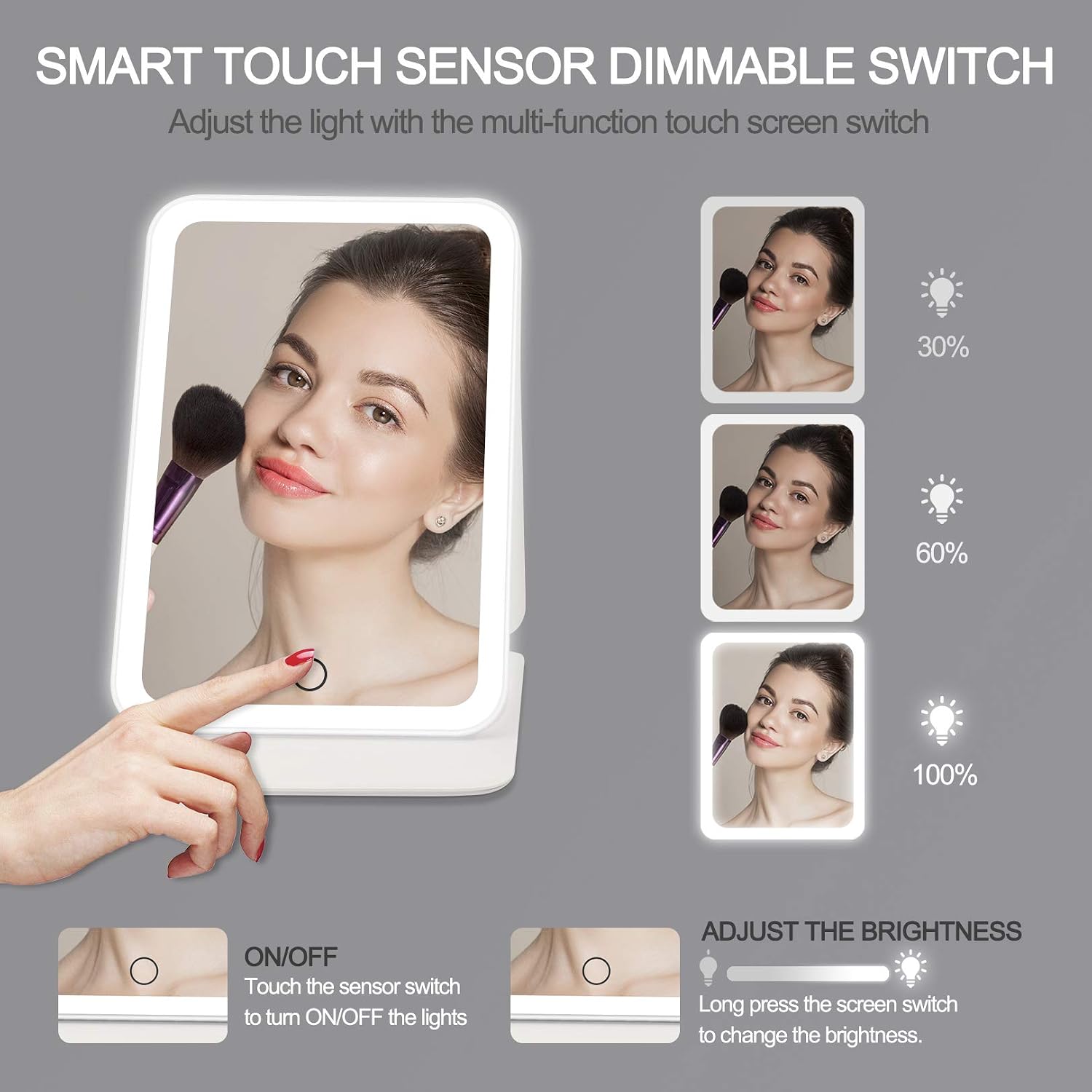 COSMIRROR Rechargeable Lighted Makeup Vanity Mirror with 3 Color Lighting, Light Up Makeup Mirror with Adjustable Stand, Touch Sensor Dimming, Portable Tabletop Cosmetic Beauty Mirror (White)