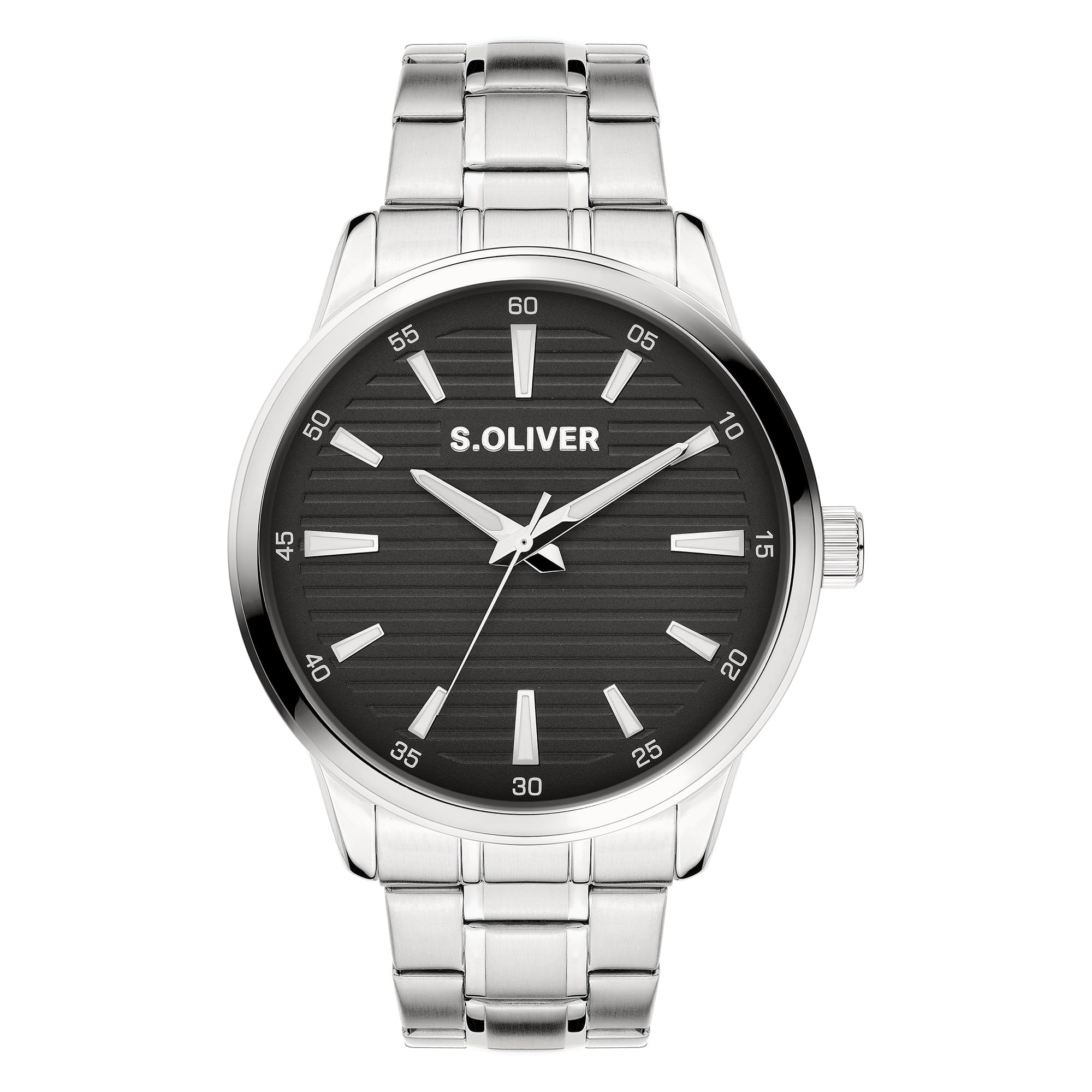 s.Oliver Men's Watch, Round, Silver, 44 mm, Metal Watch with Quartz Movement on Stainless Steel Strap with Folding Clasp, Analogue Watch, 5 ATM Waterproof, Scratch-Resistant
