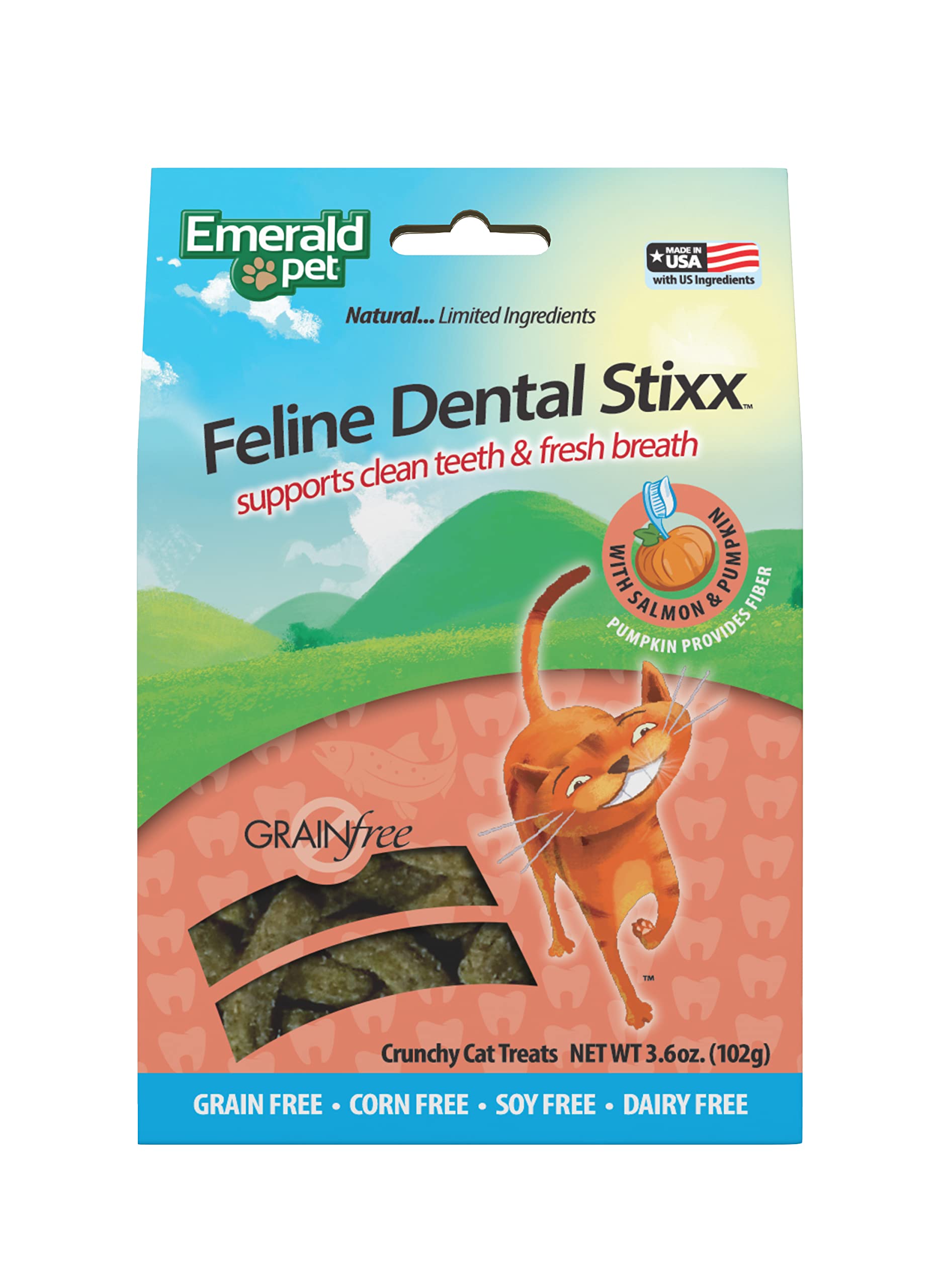 Emerald Pet Feline Dental Stixx — Tasty and Crunchy Cat Dental Sticks with Pumpkin for Digestive Health — Natural Grain Free Dental Treats for Clean Cat Teeth and Fresh Breath — Salmon Stixx, 3.6 oz
