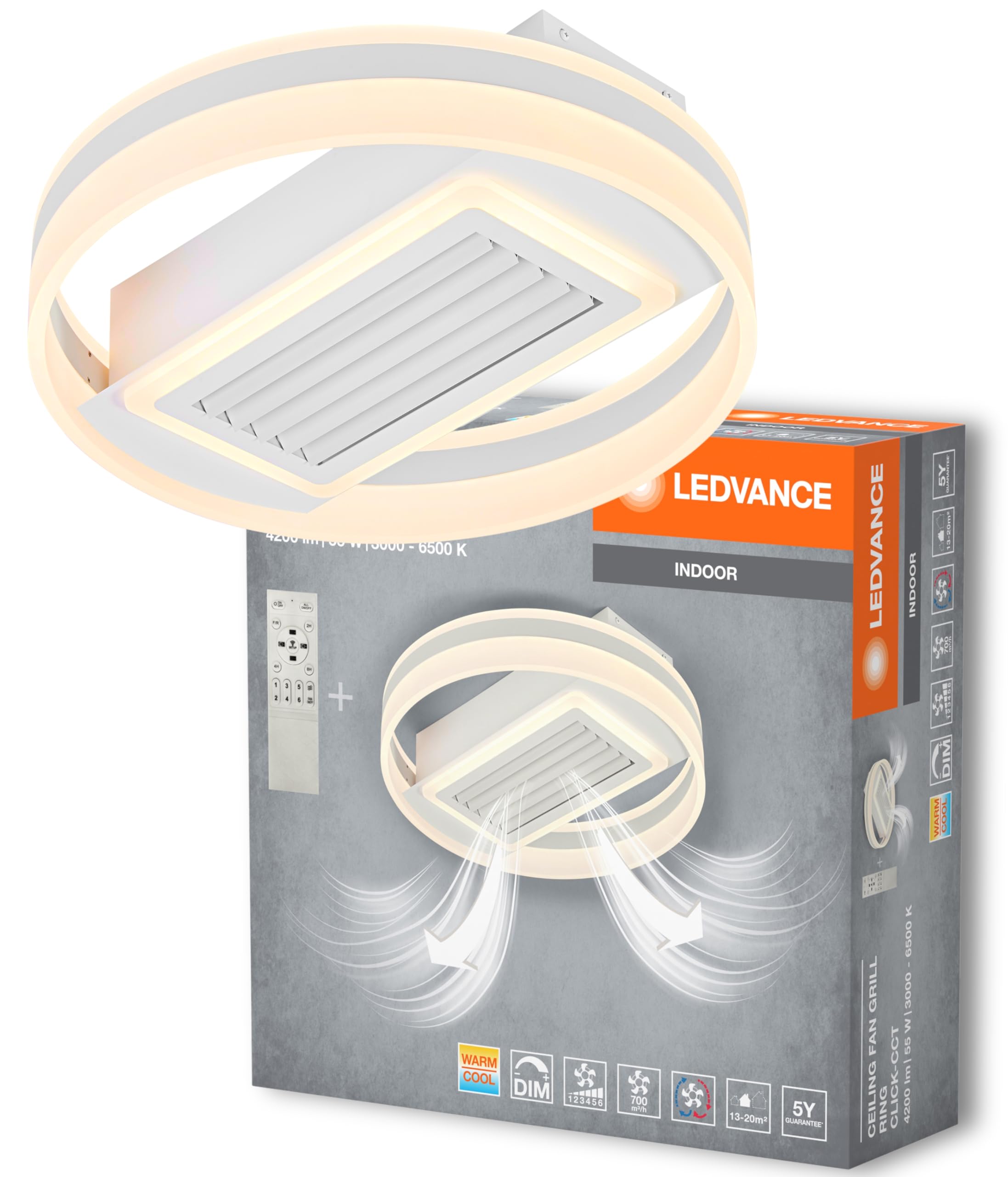 LEDVANCE Plafón/ventilador en forma de anillo; 55W; CCT; IP20 para uso | , Ceiling Fans with Lighting, 500.00 Millimetres dia, 30000 Hours, Paquete de 1