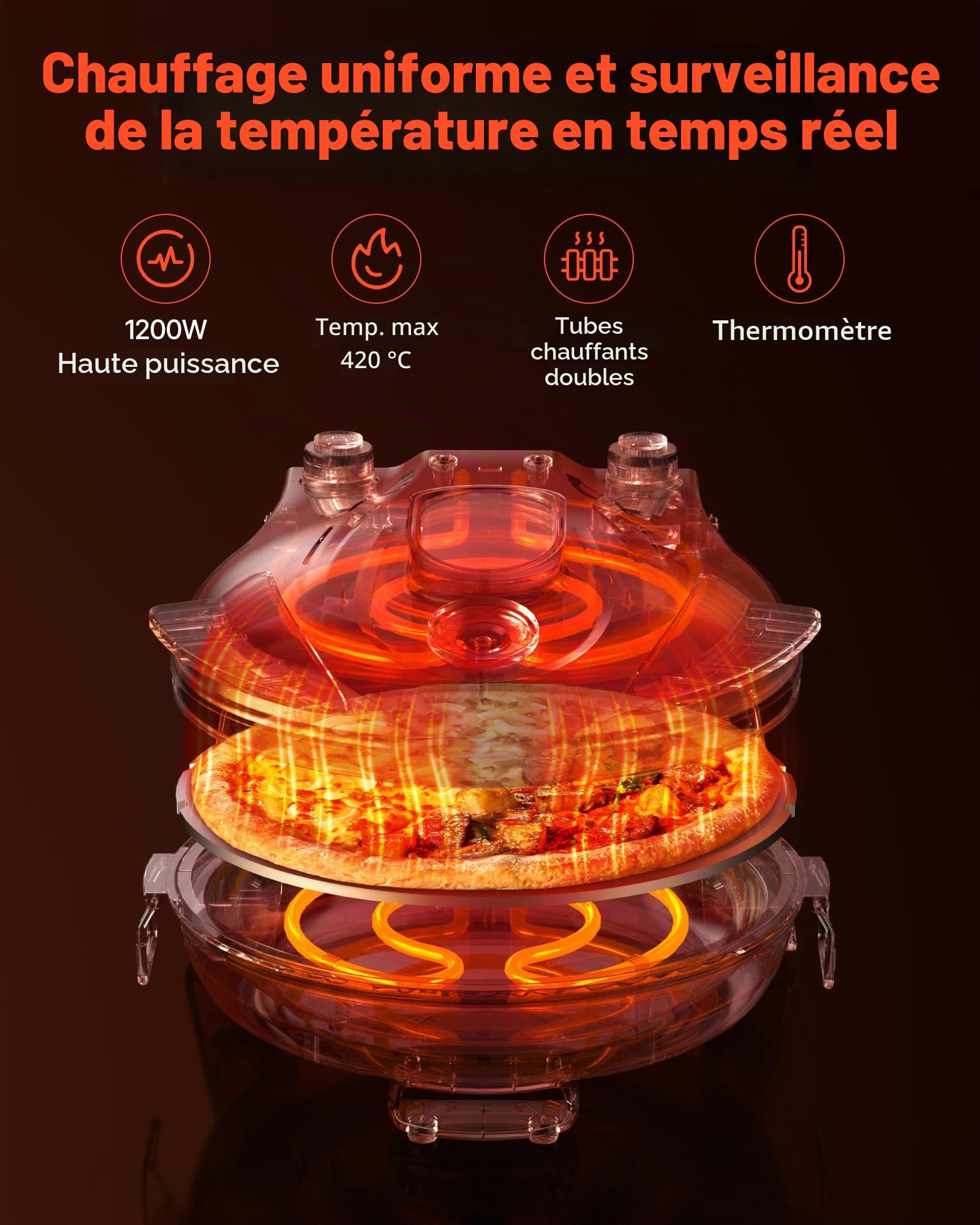 VEVOR Four à Pizza Électrique 305 mm, Cuiseur à Pizza 1200 W, avec Pierre en Cordiérite, 5 Modes de Contrôle de la Température, Hublot pour Une Cuisson Précise, Chauffe jusqu'à 420 °C, Maison Rouge