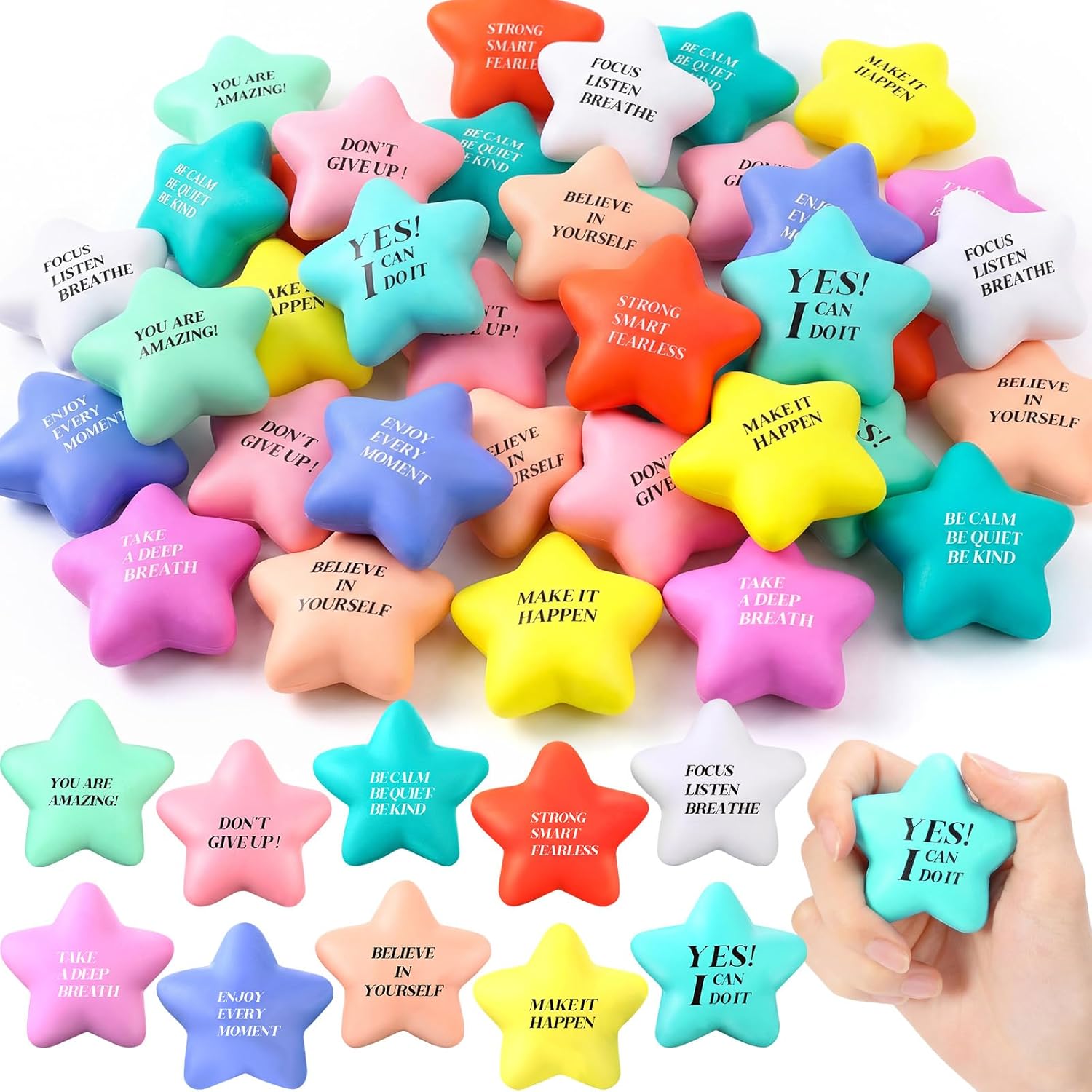 Sotiff 100 Pack Star Stress Balls Bulk for Adults Kids Stress Relief Balls with Motivational Quotes Mini Inspirational Foam Squeeze Gifts Party Favors Toys for Anger Fidget Relief(Cute Colors)