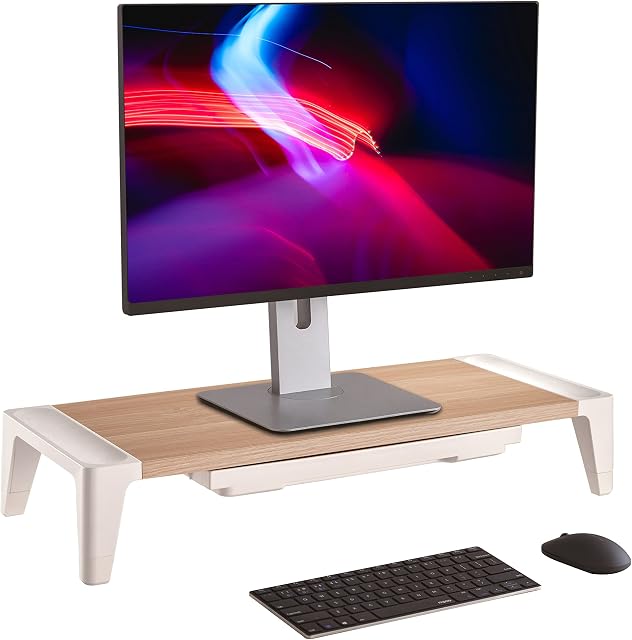 ProperAV Universal Computer Monitor Desk Riser Stand with Drawer Storage for PC TV Laptop - Wood Effect