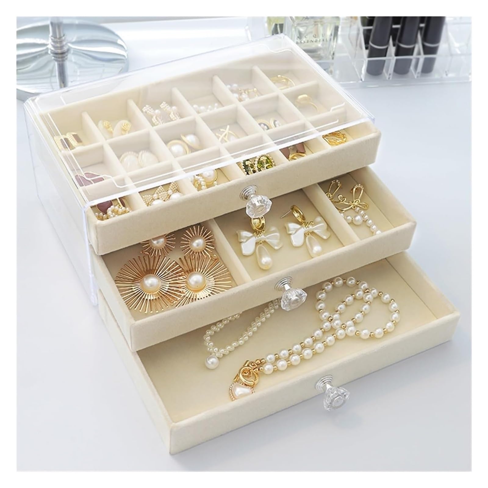 caja para guardar joyas, Pendientes multicapa, caja de almacenamiento anillos, estilo cajón, collar, pulsera, joyero(Gery 36)