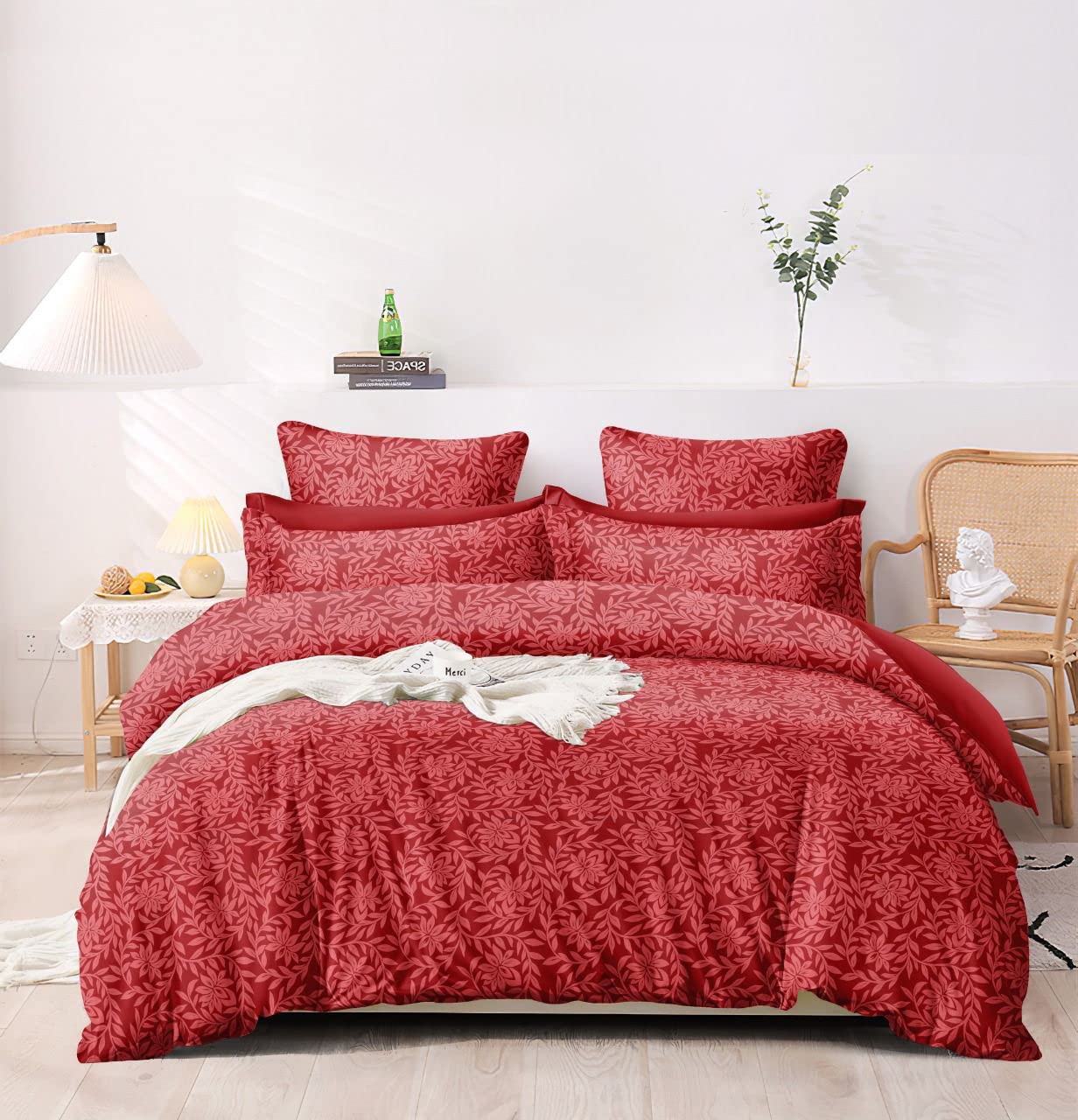 KETOSTICS® Soft Glace Cotton Designer Printed Diwan Set, 1 Single Bedsheet, 2 Bolster Covers, 5 Cushion Covers (Maroon, Standard) - 8 Piece-image-15