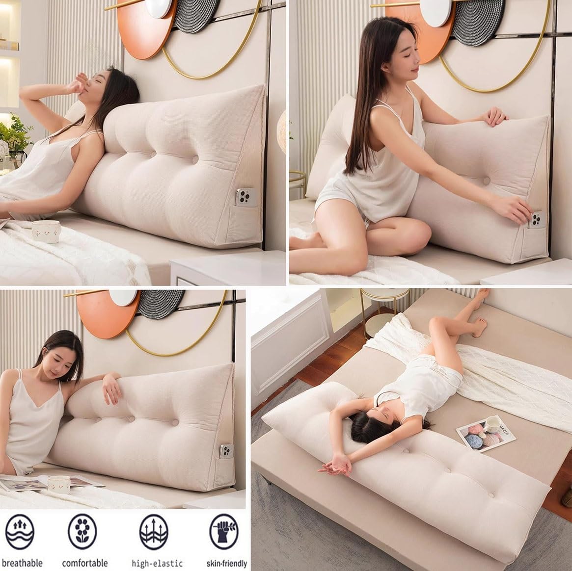 Wedge Bedside Cushion/Backrest Soft Cushion, Sofa Tatami Bed Rest Pillow Reading Pillow