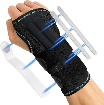 Wrist Support Brace with 3 Metal Splint, Wrist Support Splint Arm Stabilizer for Men Women, Carpal Tunnel Wrist Support, Right Hand Support and Tendonitis Arthritis Pain Relief, Right-M