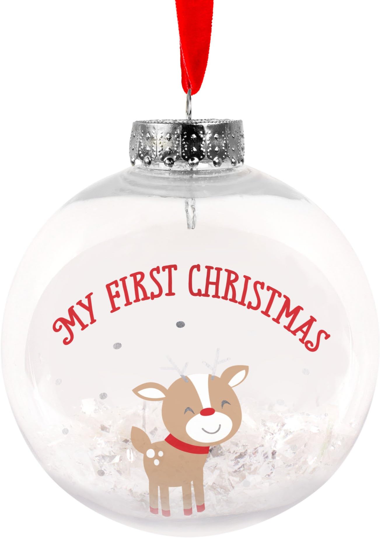 Baby's First Christmas Reindeer Snow Globe Holiday Keepsake Ornament, Red and Silver