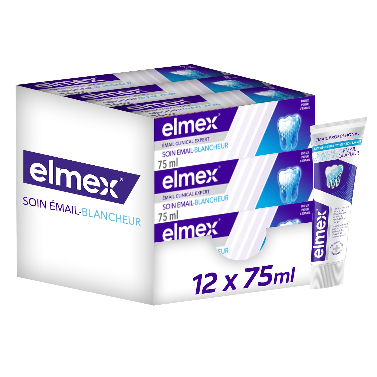 ELMEX - Dentifrice elmex® Émail Clinical Expert Soin Émail Blancheur - Dents jusqu'à 3 teintes plus blanches* - Protège l'émail - Lot de 12 x 75 ml