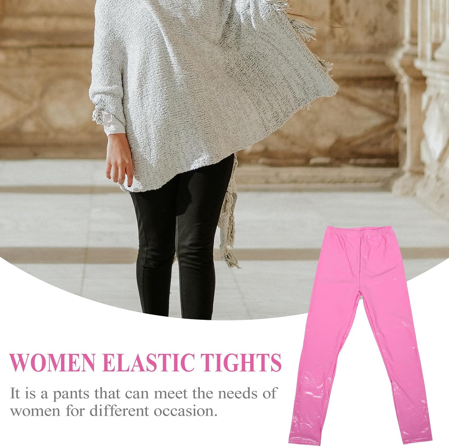 SEWACC Women Leather Leggings High Waist PU Stretch Pants for Xmas Pink