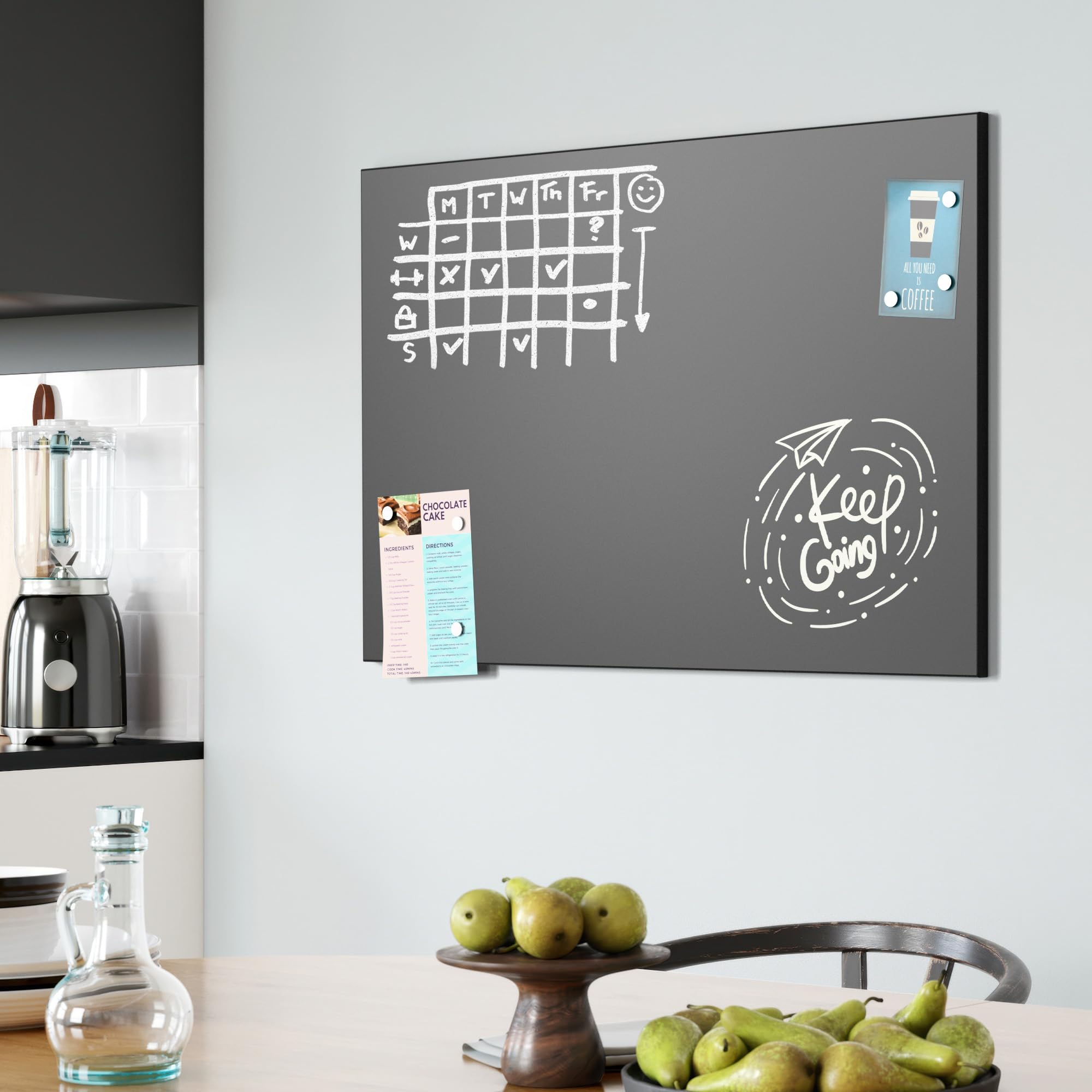 DEQORI Magnetyczna tablica do pisania kredą z nadrukiem UV, motyw "Mach immer weiter", prostokątna, 90 x 60 cm, metalowa tablica kredowa do pisania – dekoracja ścienna do kuchni, korytarza, pokoju