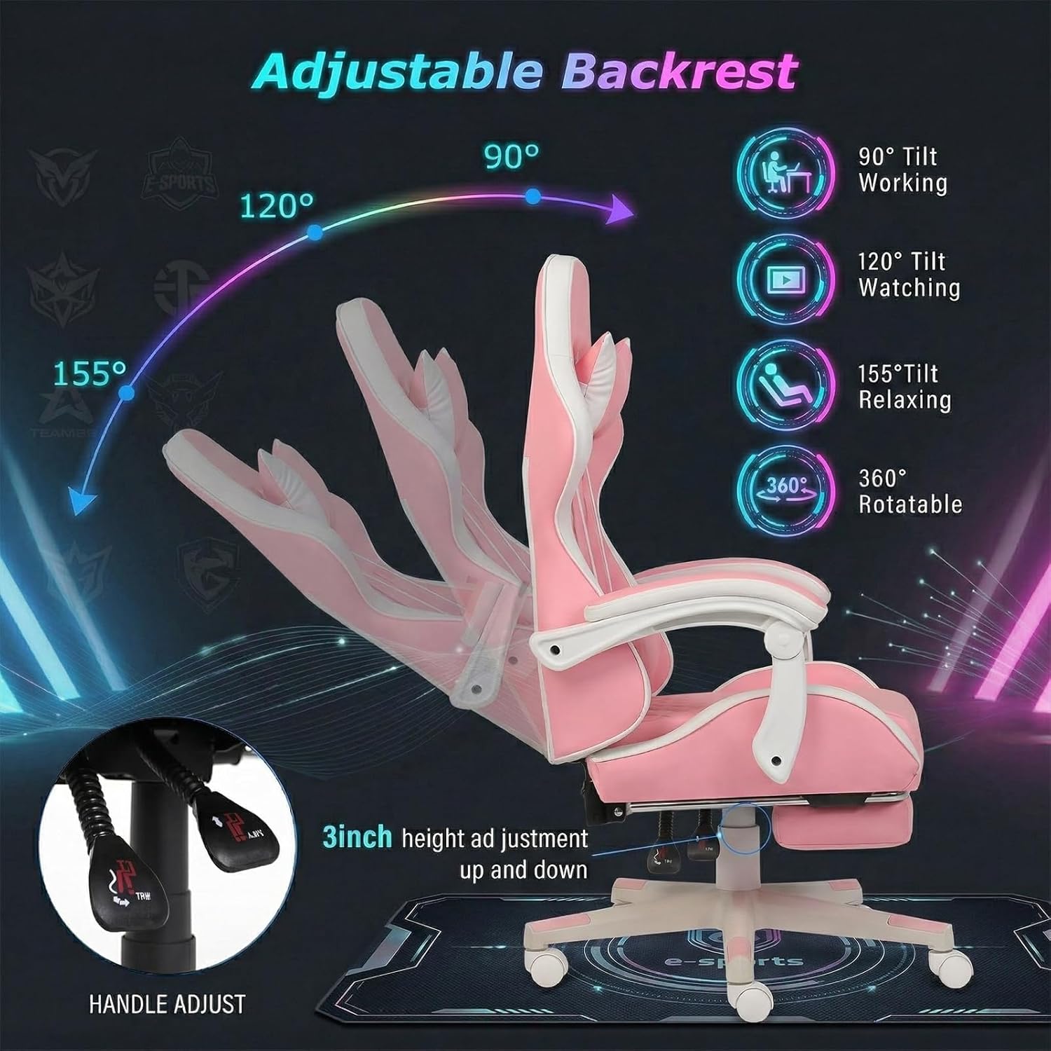 Gaming Chair with Footrest and Lumbar Support, Ergonomic Reclining High Back Computer Chair with Headrest & Linkage Armrests, PU Leather Swivel Adjustable Office Desk Chair for Adults (Pink)