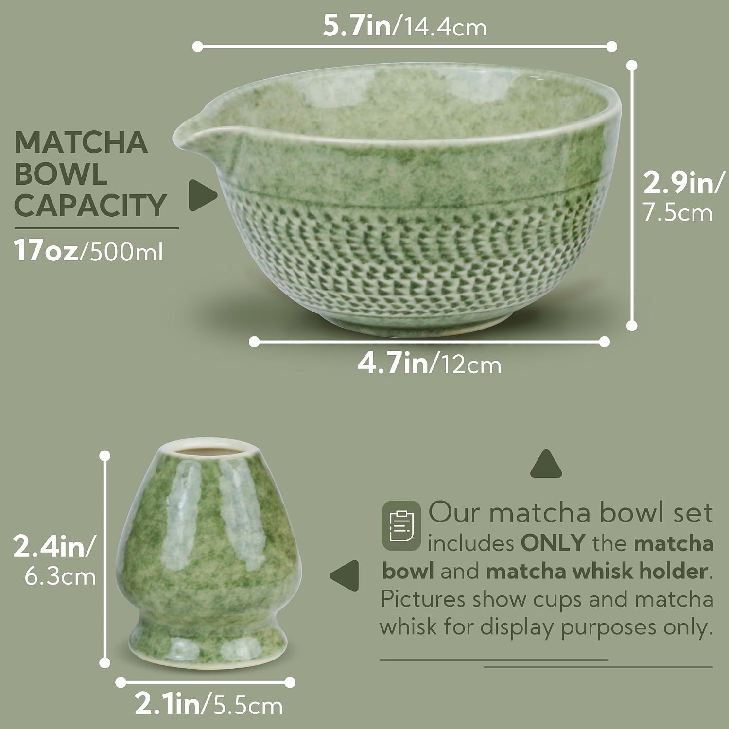Japanese Matcha Bowl, Glazed Ceremonial Matcha Bowl with Whisk Holder for Matcha Powder/Matcha Tea/Japanese Matcha, 2 Color Options (Prasinous(Spout))