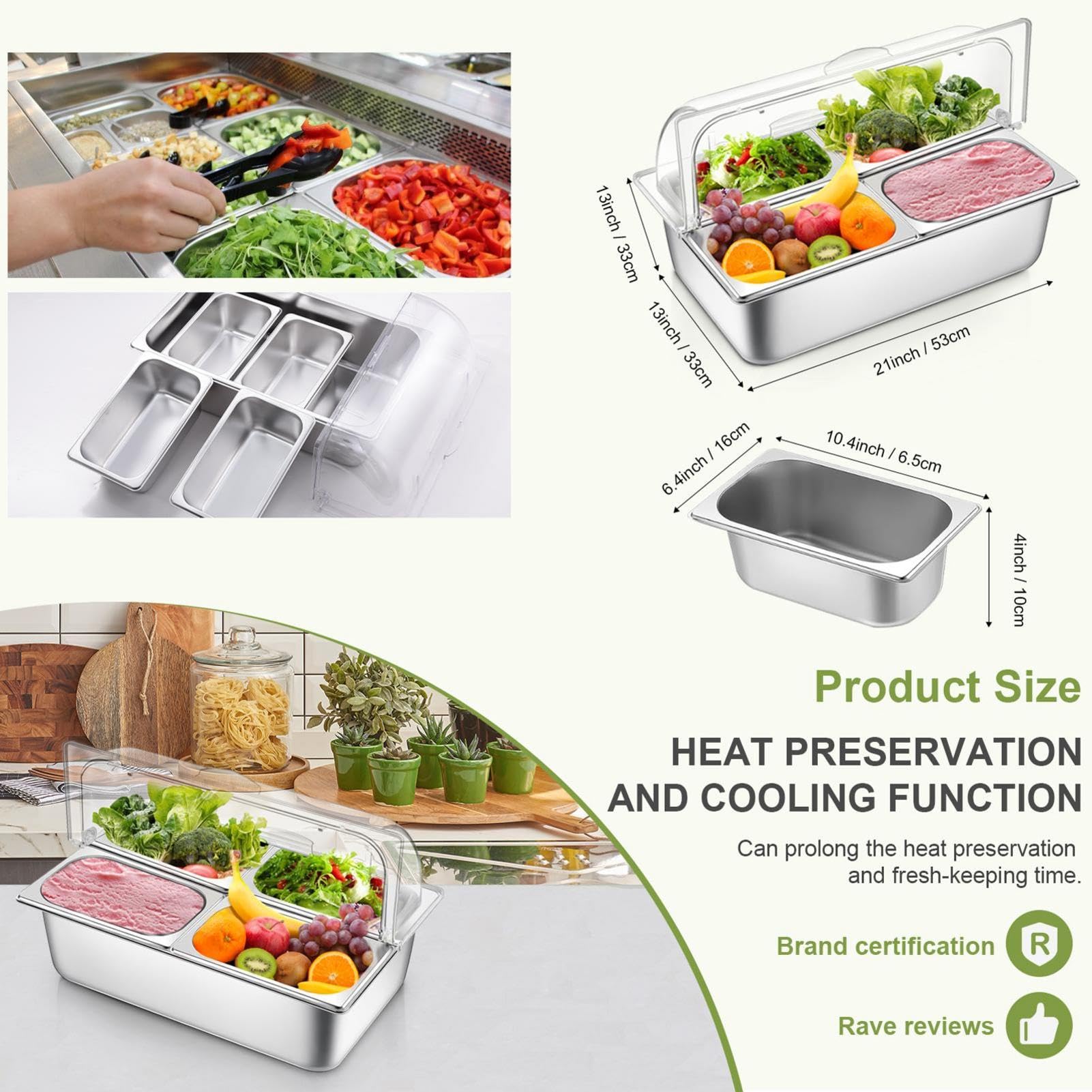 Vitrina de acero inoxidable con cuatro compartimentos para servir alimentos, dispensador de condimentos, bandeja individual de 4 L, para restaurante, hotel, kitch