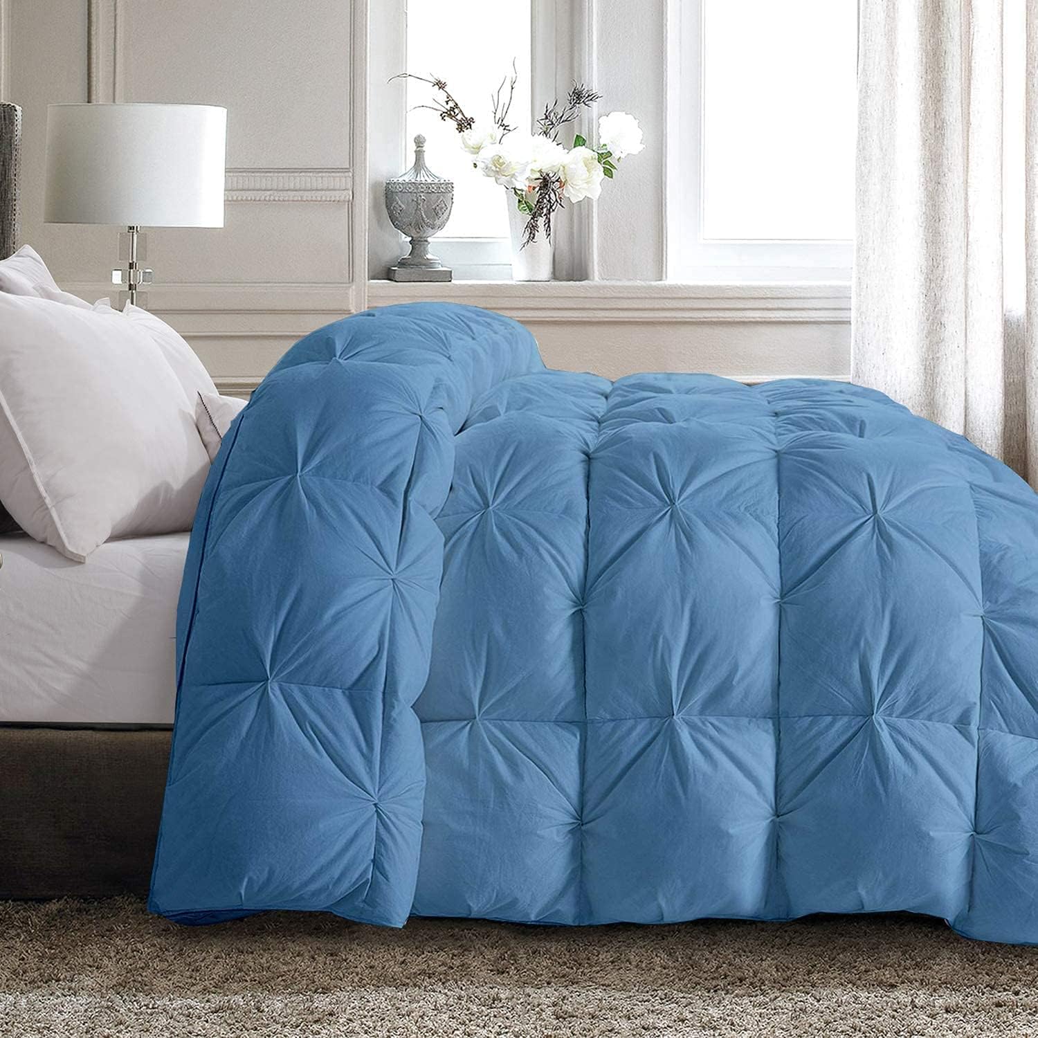 All-Season 1 Piece Pinch Pleated Comforter 100% Natural Cotton-500 GSM Corner Tabs Down Alternative Quilted Comforter Set Easy Washable Pin Tuck Comforter (Oversized King-Light Blue)