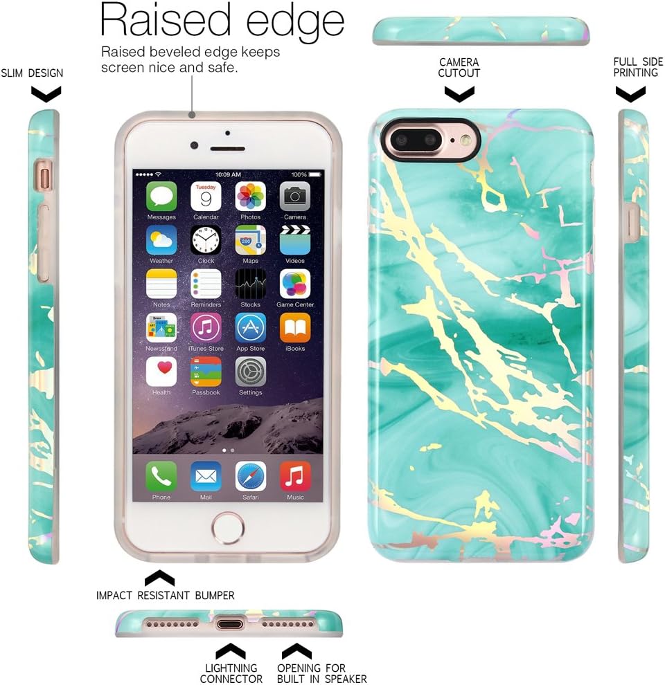 iPhone 7 Plus Case,Nasousa for Gilrs,Glossy Laser Green Marble Design Clear Bumper TPU Soft Rubber Silicone Cover Phone Case for iPhone 8 Plus