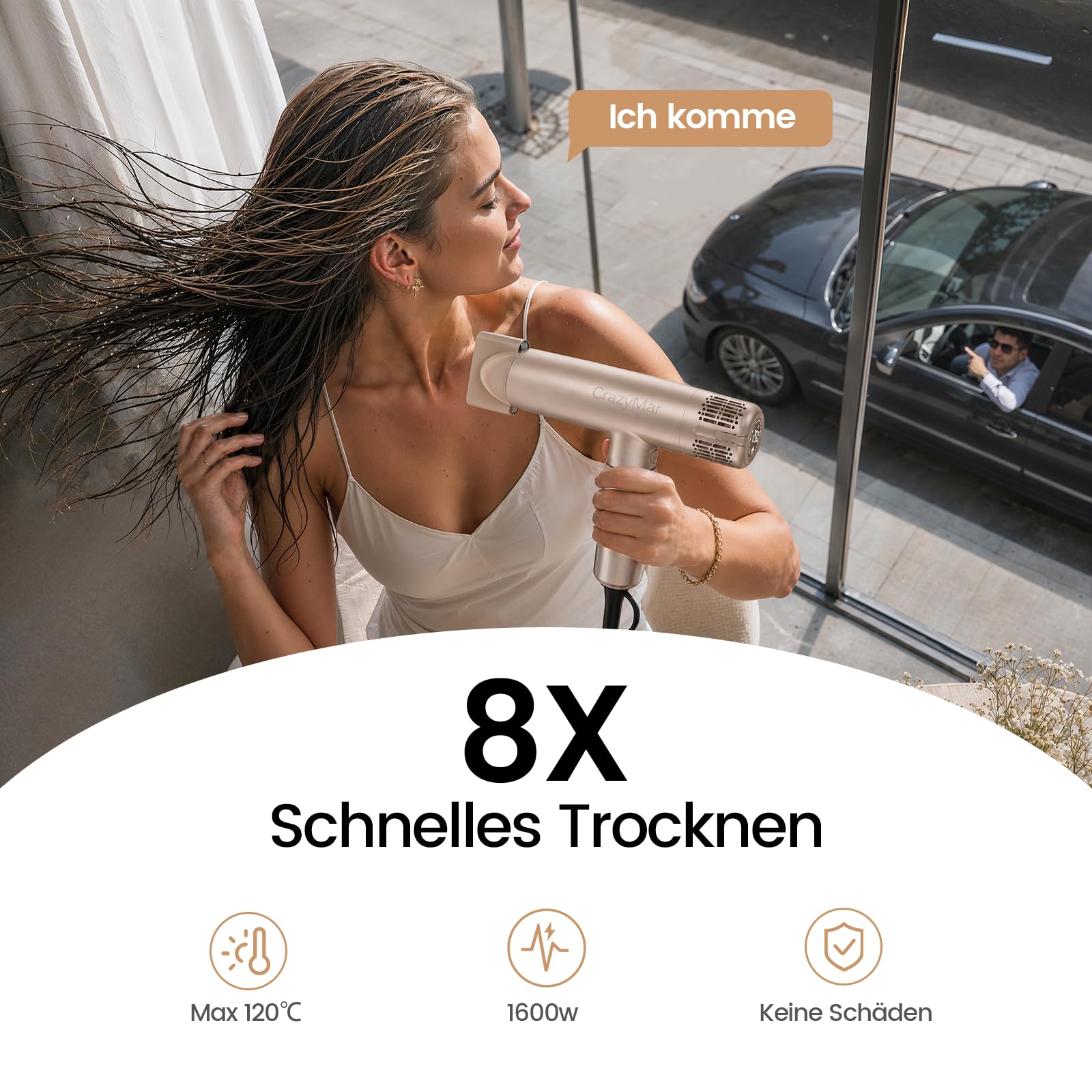 CrazyMar Haartrockner mit Diffusor, 8X Schnelleres Föhn Ionen, 110,000RPM Bürstenloser Motor Haarfön, Fön mit 48 Modi, LED Anzeige, für Professioneller Salon, Zuhause, Reisen