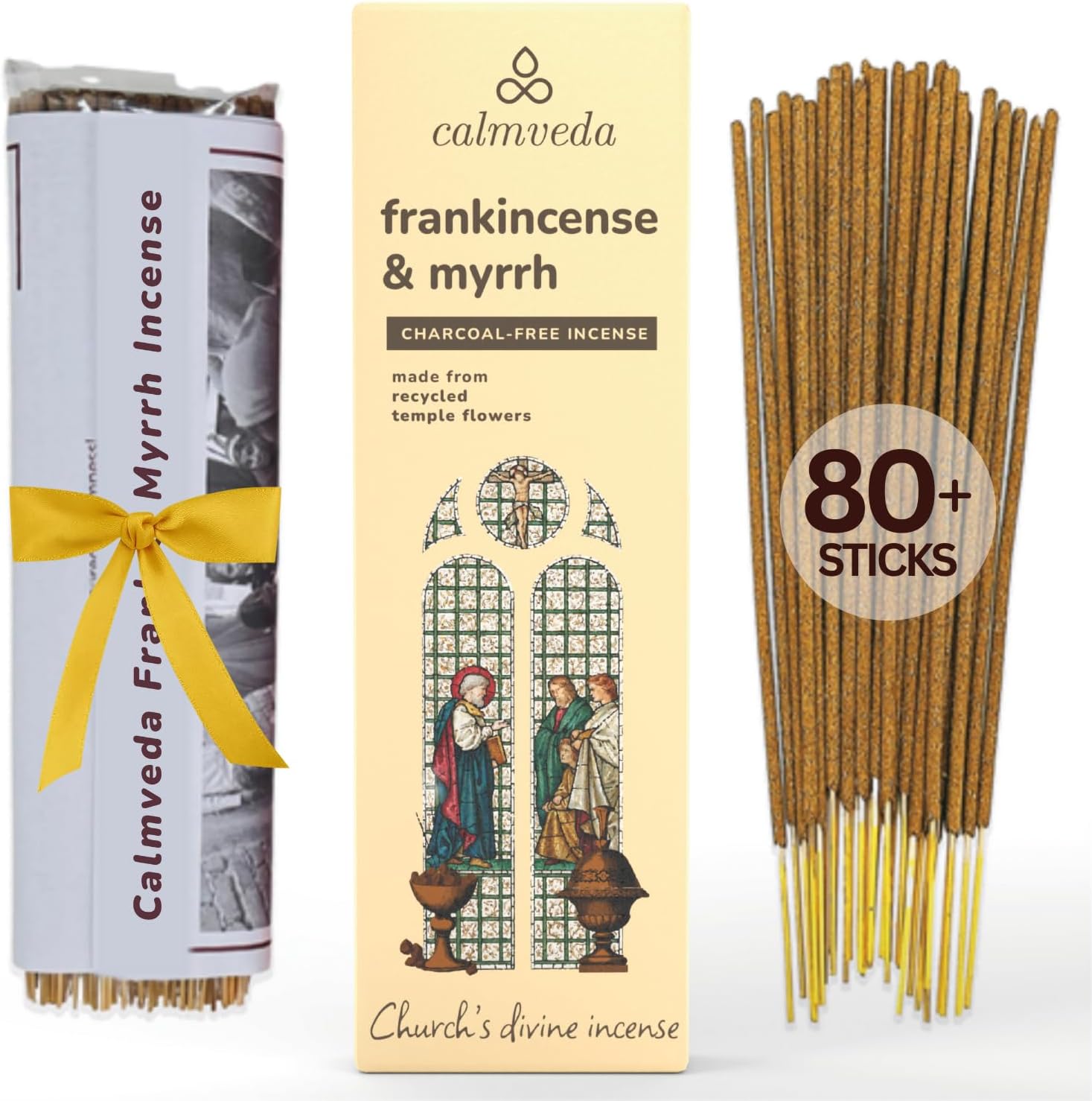 Calmveda Church Frankincense and Myrrh Incense - 80 Sticks, Charcoal Free, Handmade from Upcycled Flowers, Spiritual Healing Incense