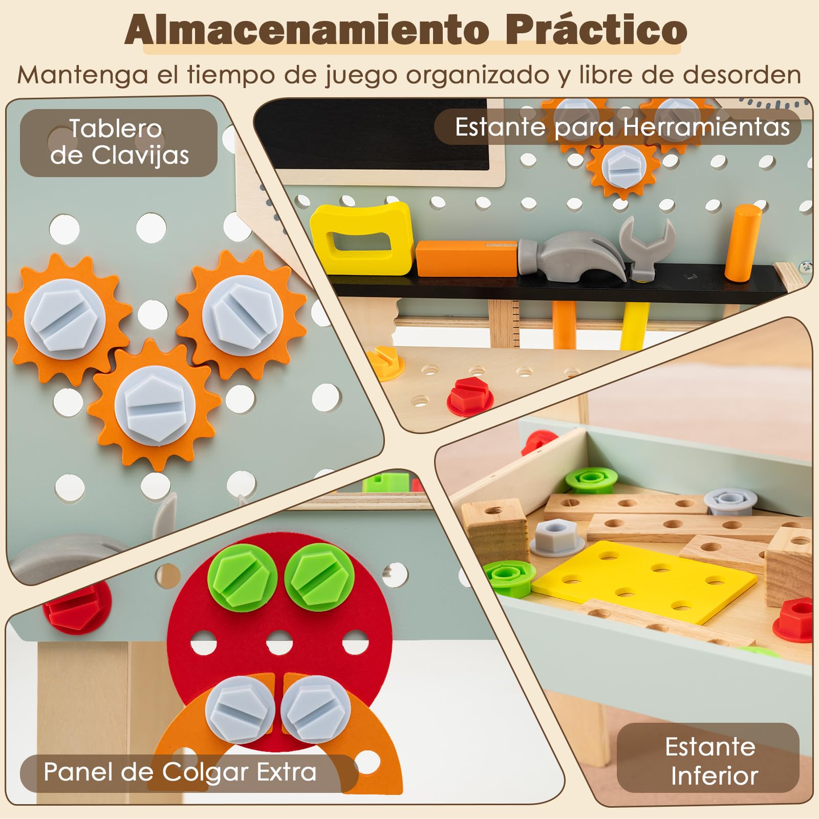 COSTWAY Banco de Herramientas de Madera para Niños, Mesa Juguete Montessori con Juego de Herramientas y Gran Espacio de Almacenamiento, Juego Educativo para Niños de 3+ Años