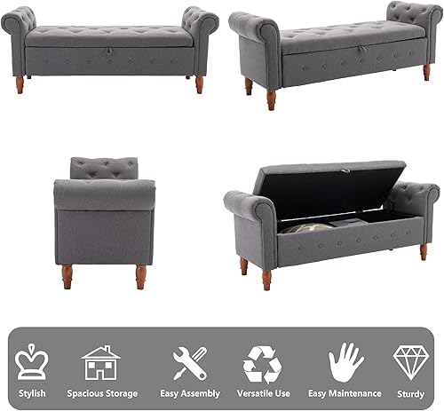 Miniatura 7 de Aoowow Banco de almacenamiento con brazo enrollado, banco otomano de almacenamiento de lino copetudo con brazos, banco de almacenamiento de 62.8
