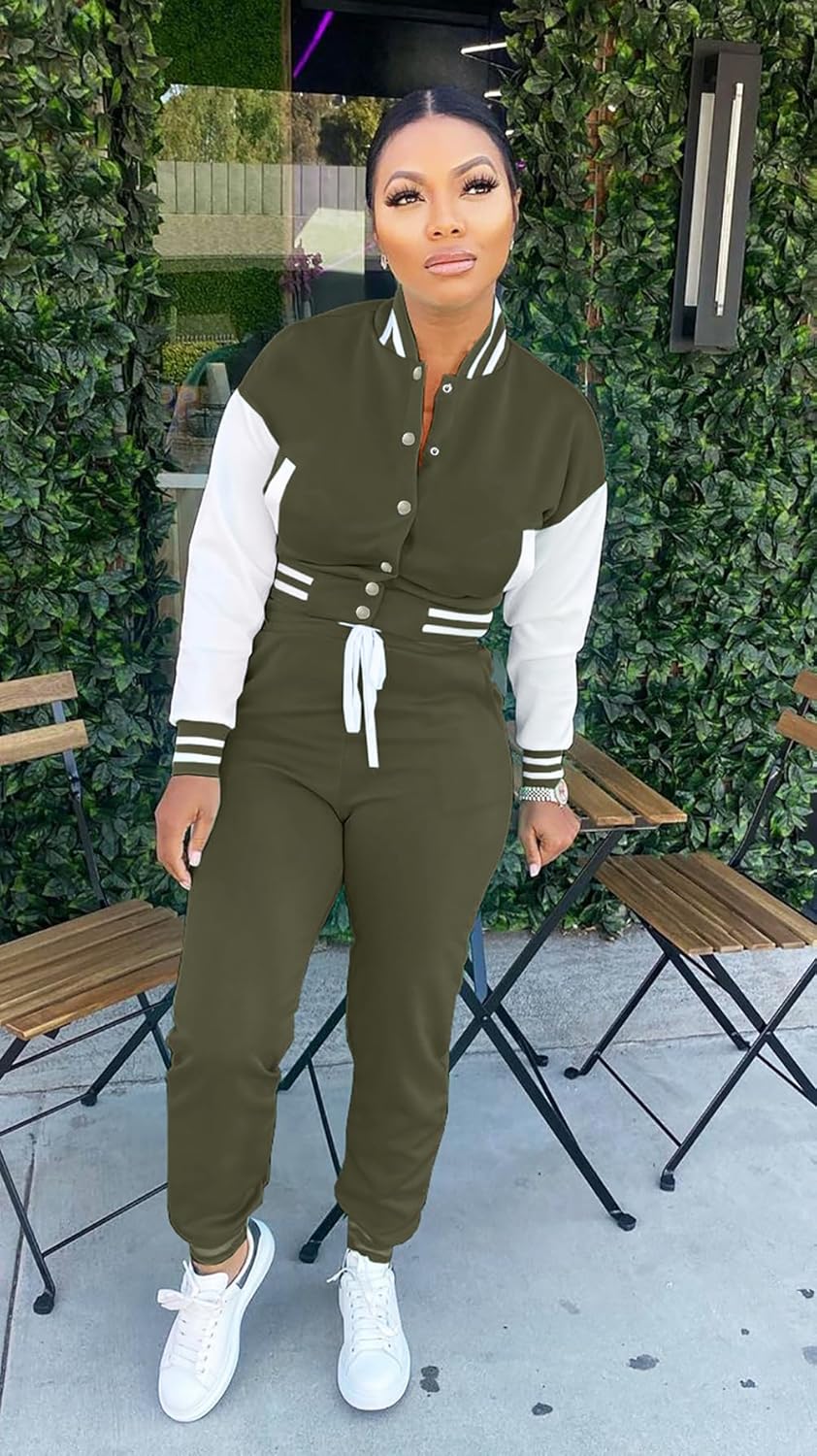 Womens Two Piece Tracksuit Button Down Cropped Varsity Jacket Pants Set Jogger Sweatsuit - Image 4