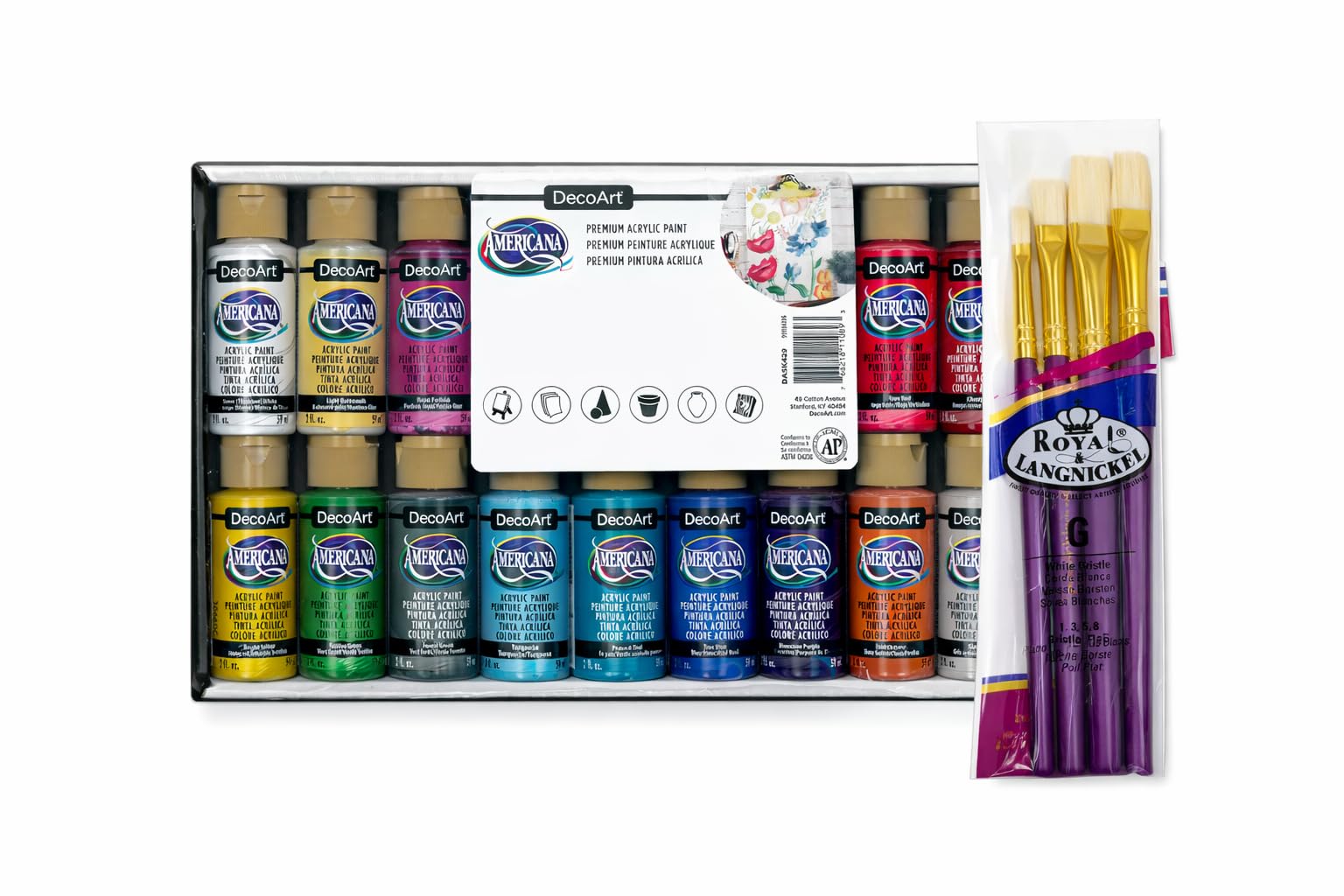 Heather Henbury DecoArt Americana Premium Acrylic Paint Bundle Set, 16 Vibrant Colors, 59ml, with 4 Flat Brushes, Quick-Drying, Water-Resistant