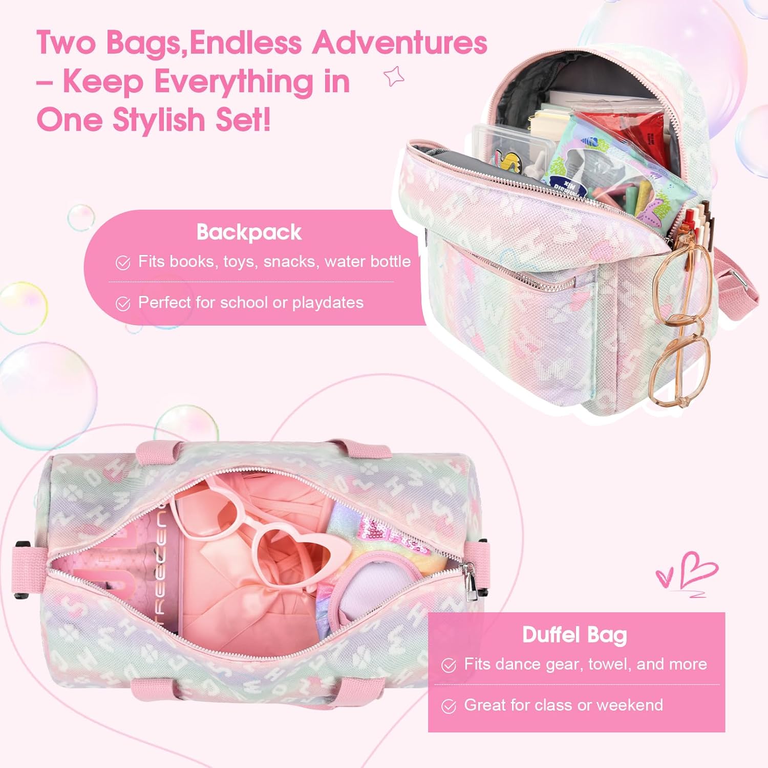 Dance Bag and BackPack Set for Girls, 2PCS Ballet Sport Gym Duffle Overnight Travel Cute Bags for Dancers, Girls, Teens, Student Athletes (Pink Rainbow) - Image 4