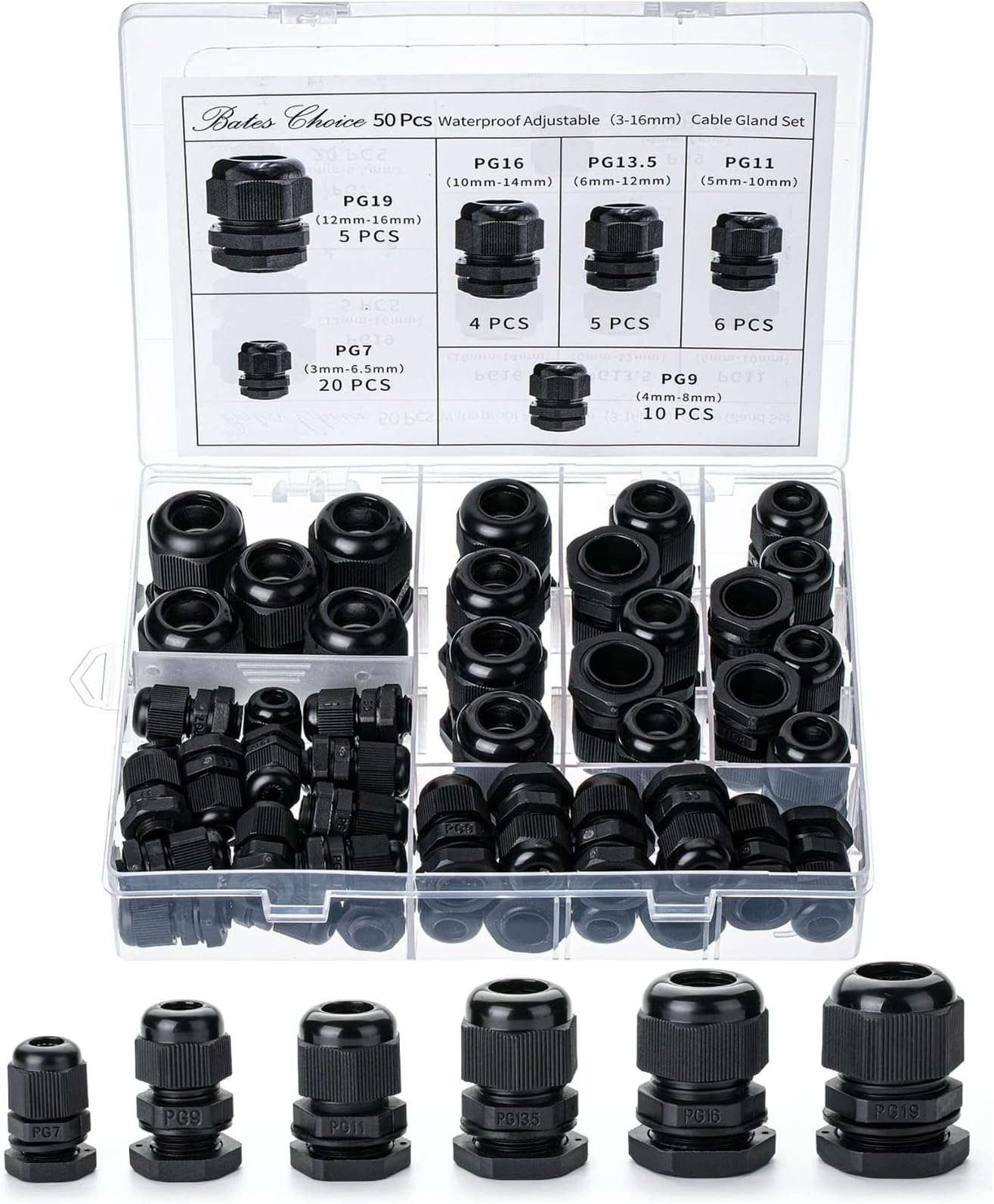 MAKINGTEC Cable Gland, 50PCS Nylon Npt Waterproof Cable Connector, PG7, PG9, PG11, PG13.5, PG16, PG19, 3-16 mm Cable Glands, Waterproof Cable Connector with Lock Nut, Black