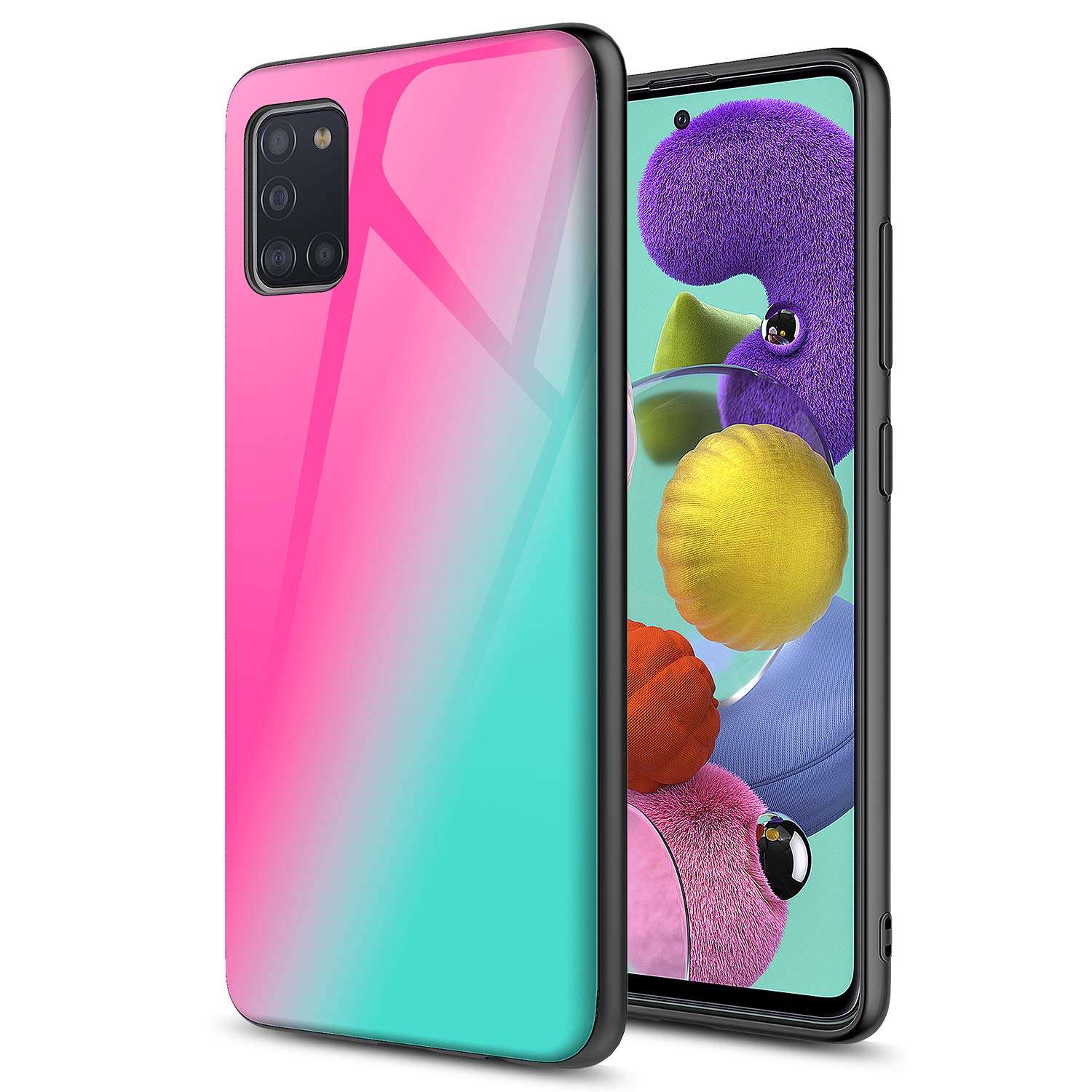 GORGCASECase for Samsung Galaxy A31 - Slim Fit ONE Piece Cute Color Fashion Stylish Shiny Grip Silicone TPU Hard Back PC Shockproof Anti-Scratch Drop Protective Cover for Girls Women Pink Teal