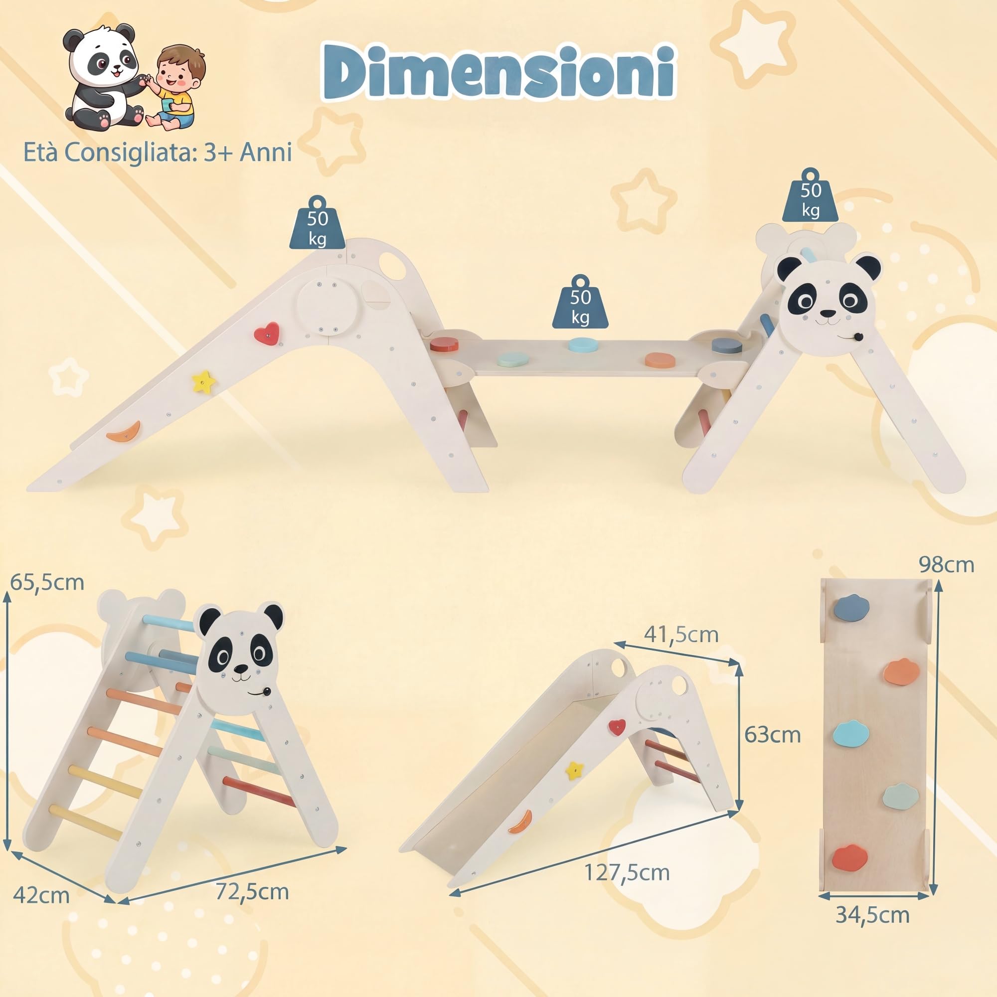 RELAX4LIFE 4 in 1 Triangolo da Arrampicata, Arco da Arrampicata in Legno con Scala e Scivolo, Rampa a Doppia Faccia, Triangolo Giochi Montessori per Bambini 3+Anni (Beige)