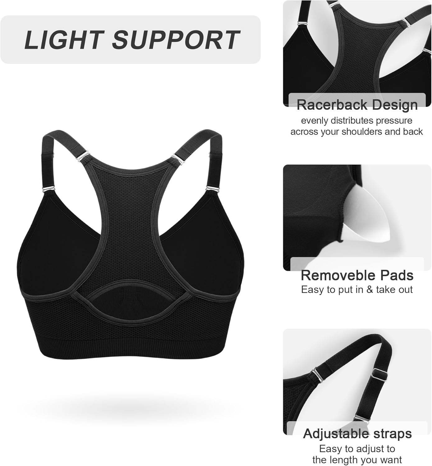 Womens Comfortable Sports Bra - Racerback Light Support Padded Yoga Bra Adjustable Spaghetti Strap Workout Bra Tops - Image 3