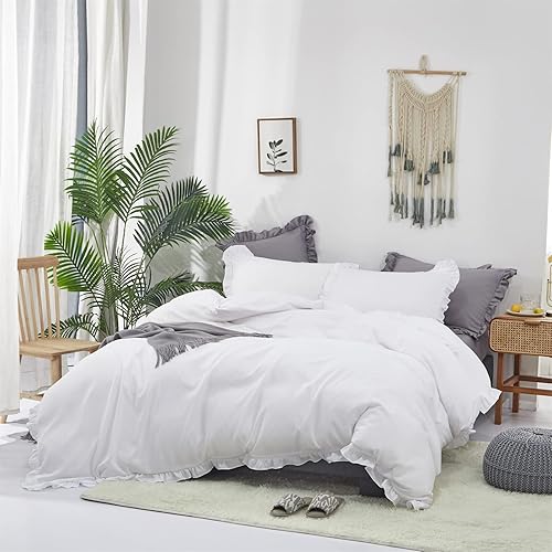 Miniatura 5 de CLOTHKNOW Juego de edredón con volantes, tamaño King, color blanco, bohemio, juego de ropa de cama blanca, juegos de edredón de cama blanco, edredón