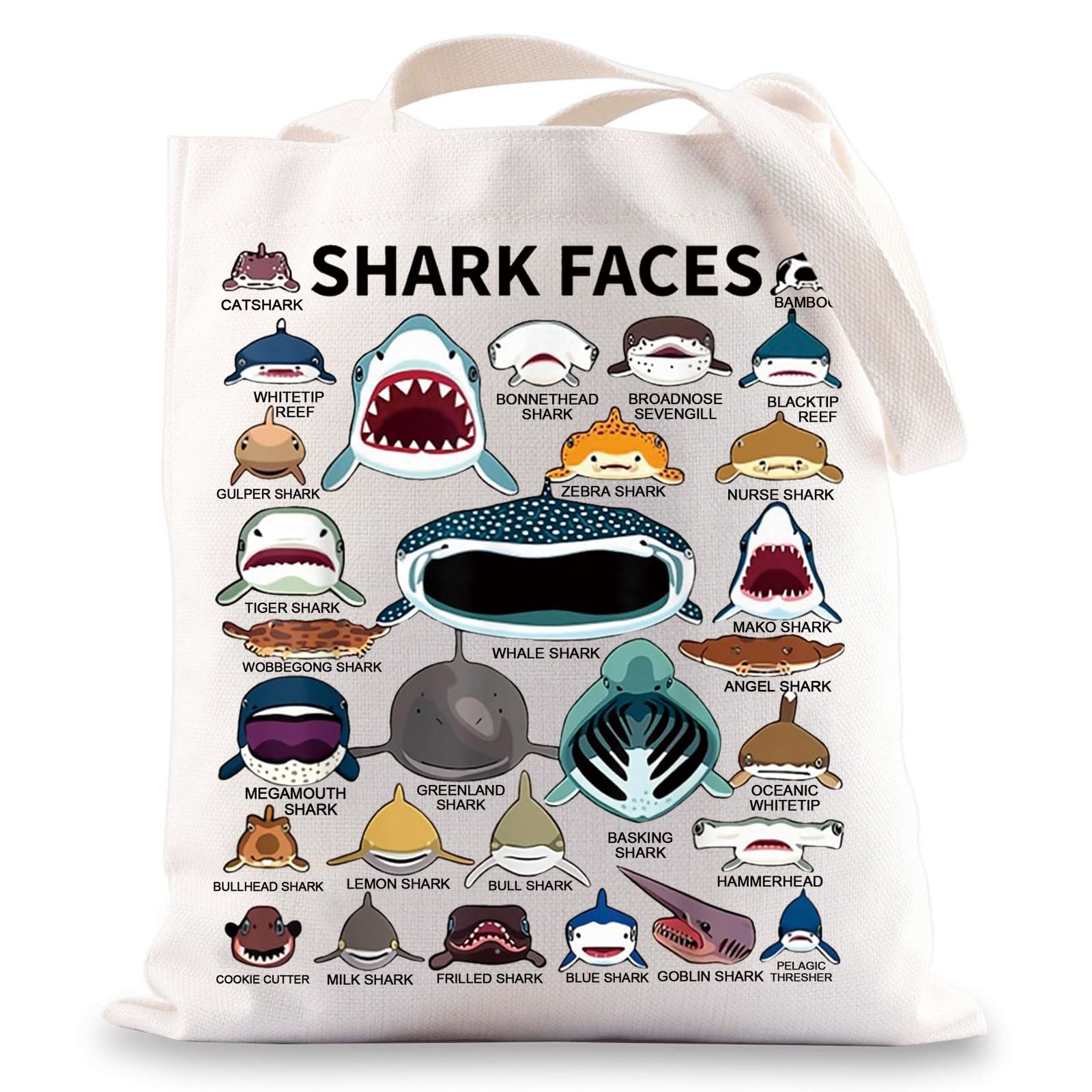 Shark Face Canvas Tote Bag - Shark Lovers Gift - Reusable Grocery Bags