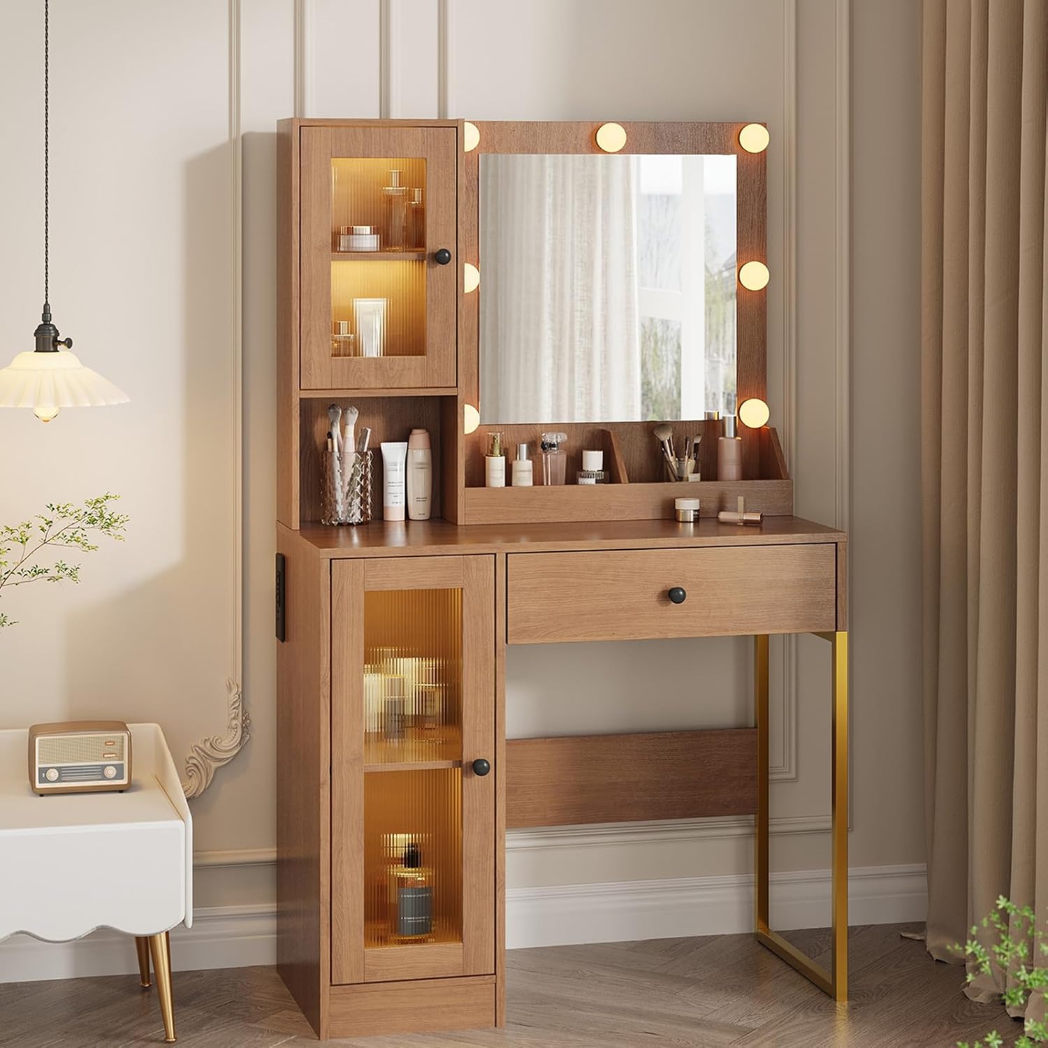 GAOMON Makeup Vanity Desk with LED Lights and Mirror, 3 Color Modes, Large Drawers & USB Charging Station, Dressing Table for Bedroom Decor, Wood