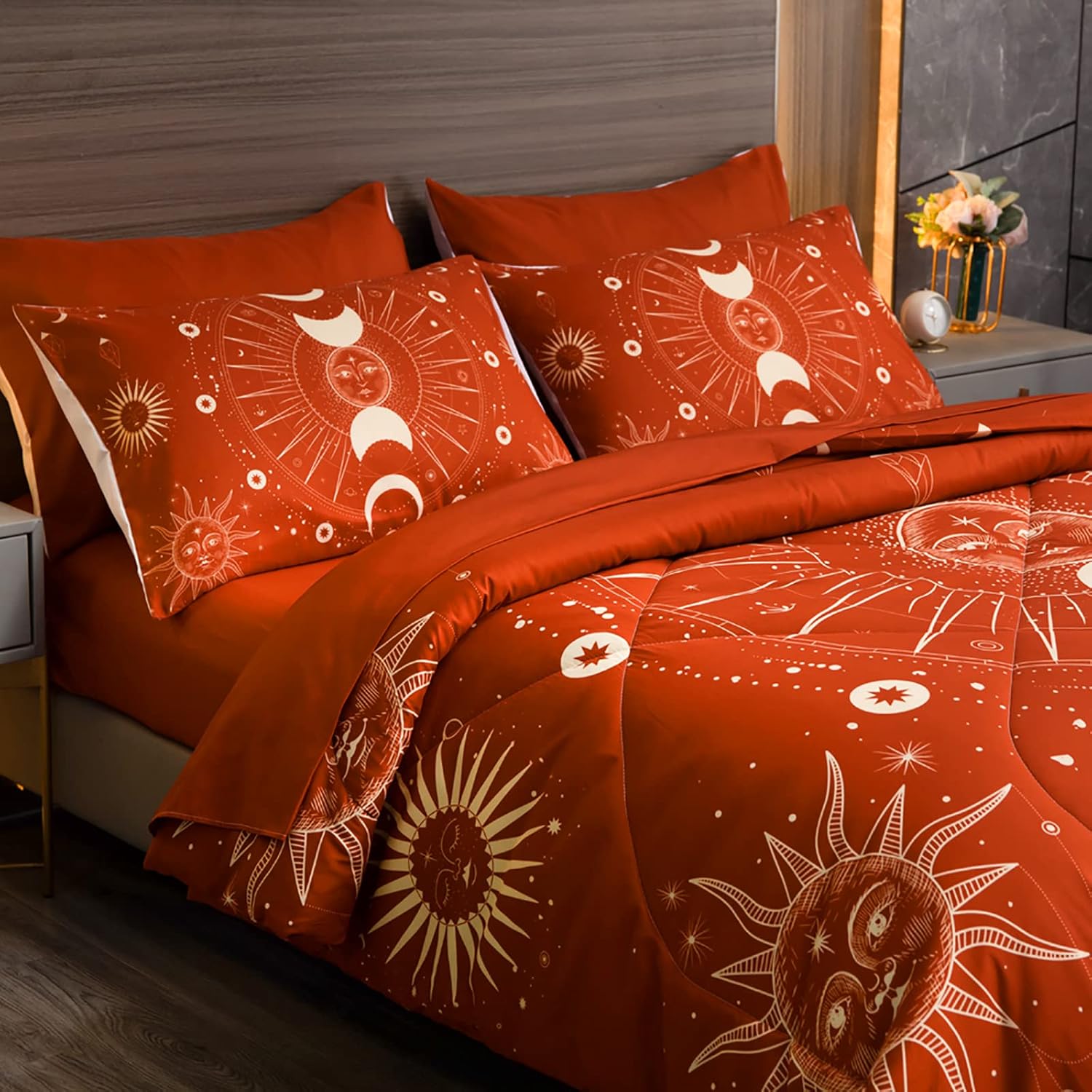 Celestial Bdding 7 Pieces Burnt Orange Comforter Set Boho Bedding Witchy Bedding Set Hippie Bed Set Starry Galaxy Comforter Set Sun and Moon Bed Set Queen