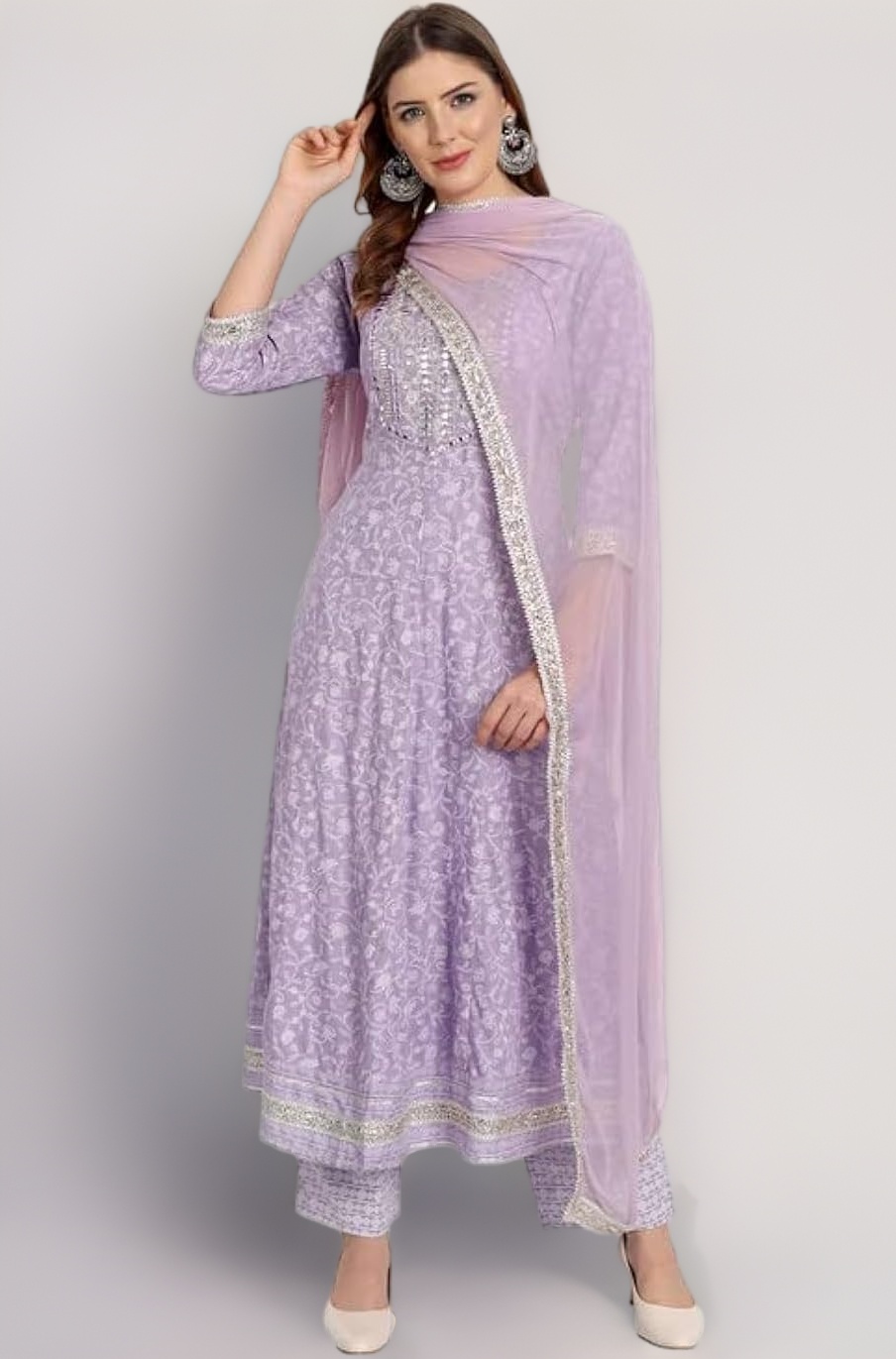 Rangnavi Women Rayon Anarkali Embroidered Printed Kurta Pant and Dupatta Set