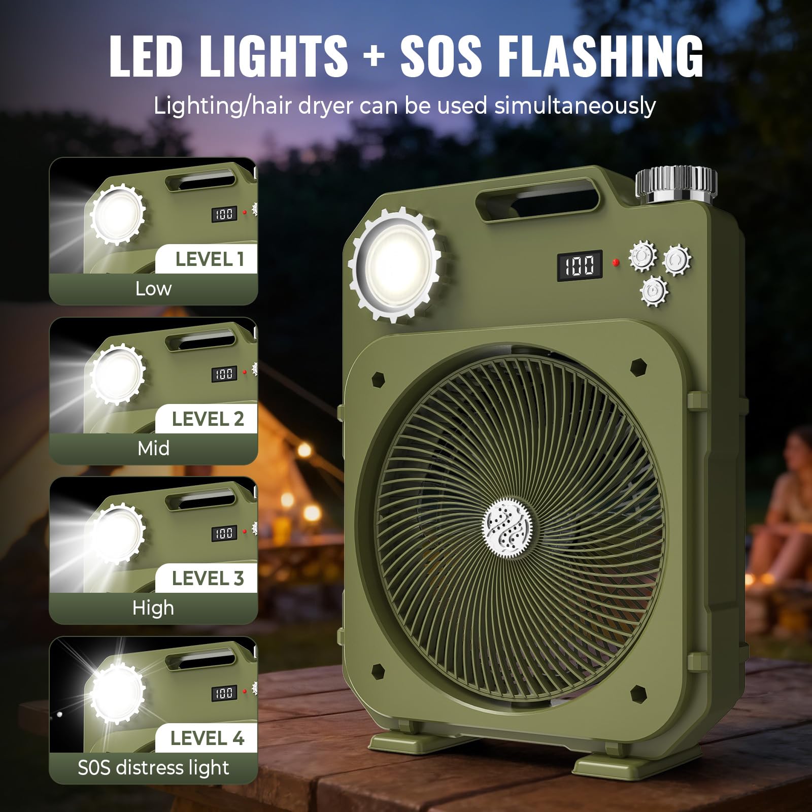 Ventilatore da Campeggio con Luce LED, Ventilatore da tavolo portatile Senza Fili, 100 Velocità, Oscillazione Automatica, 12H Timer/Telecomando, per Casa, Tenda, Viaggio