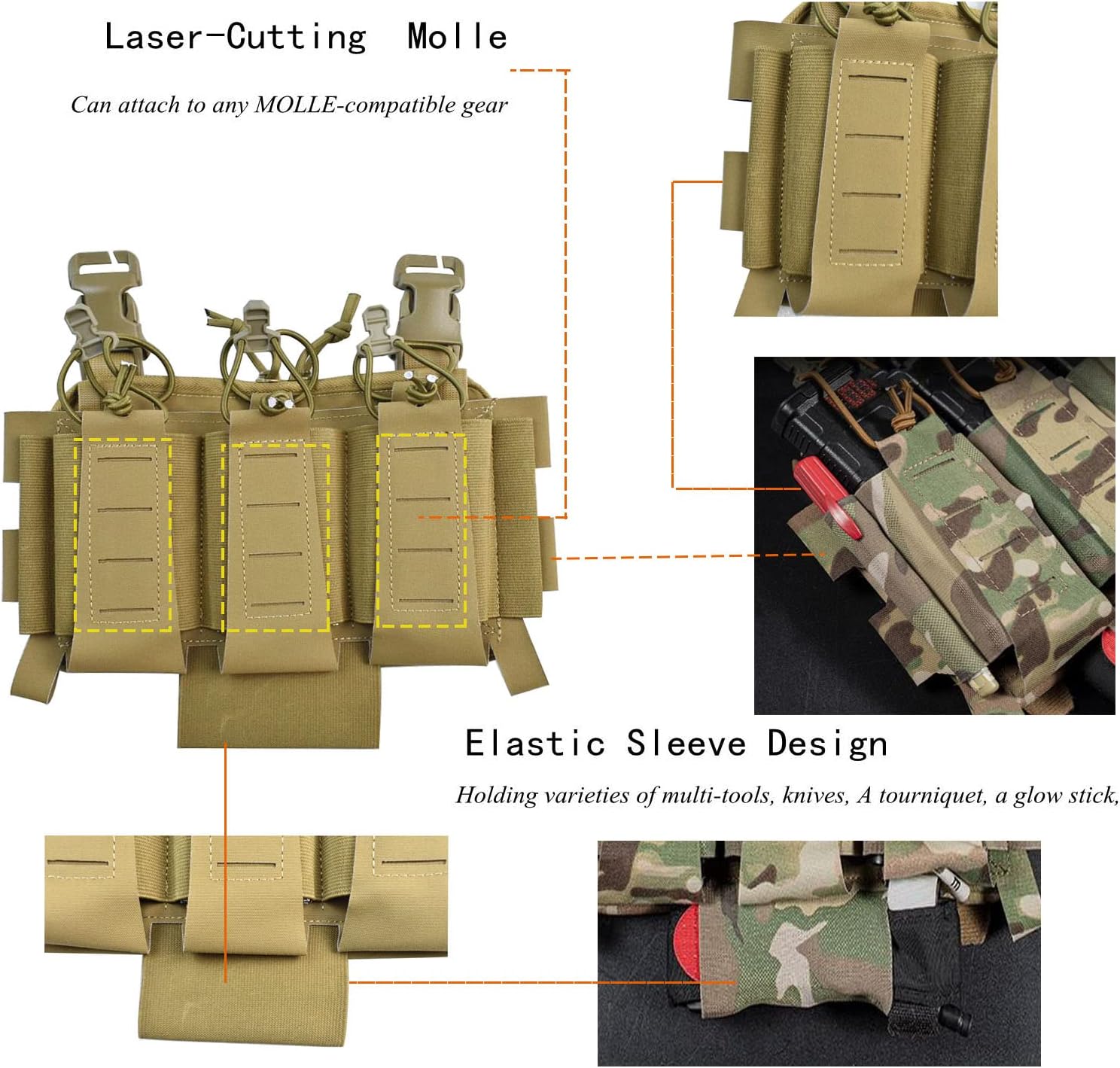 Elastic Triple Mag Pouch Tactical Magazine Pouch with Utility Pouch Hook-and-Loop Zipper Pouch (TAN)