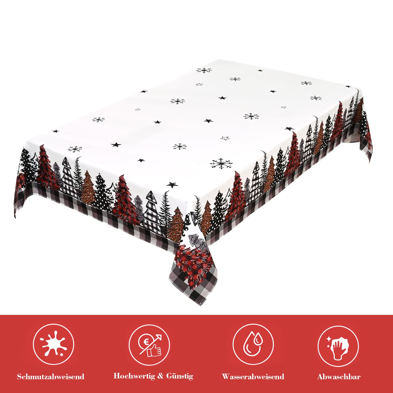 Weihnachtstischdecke Mit Schneeflocken & Elchen – Wasserabweisend, 130x220 Cm, Weiß, Aus Polyester