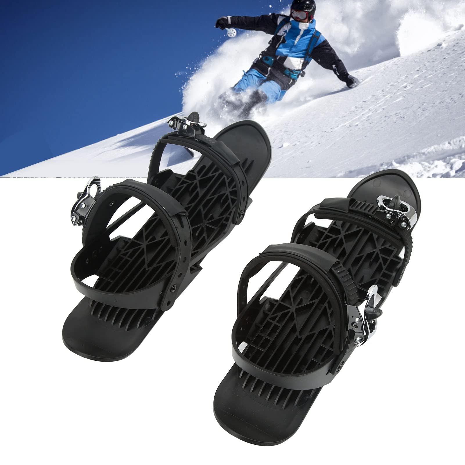 Ejoyous Mini buty narciarskie regulowane buty snowboardowe dla dorosłych przenośne czarne buty narciarskie z metalową klamrą trwały nylon na stoki leśne kolczyki
