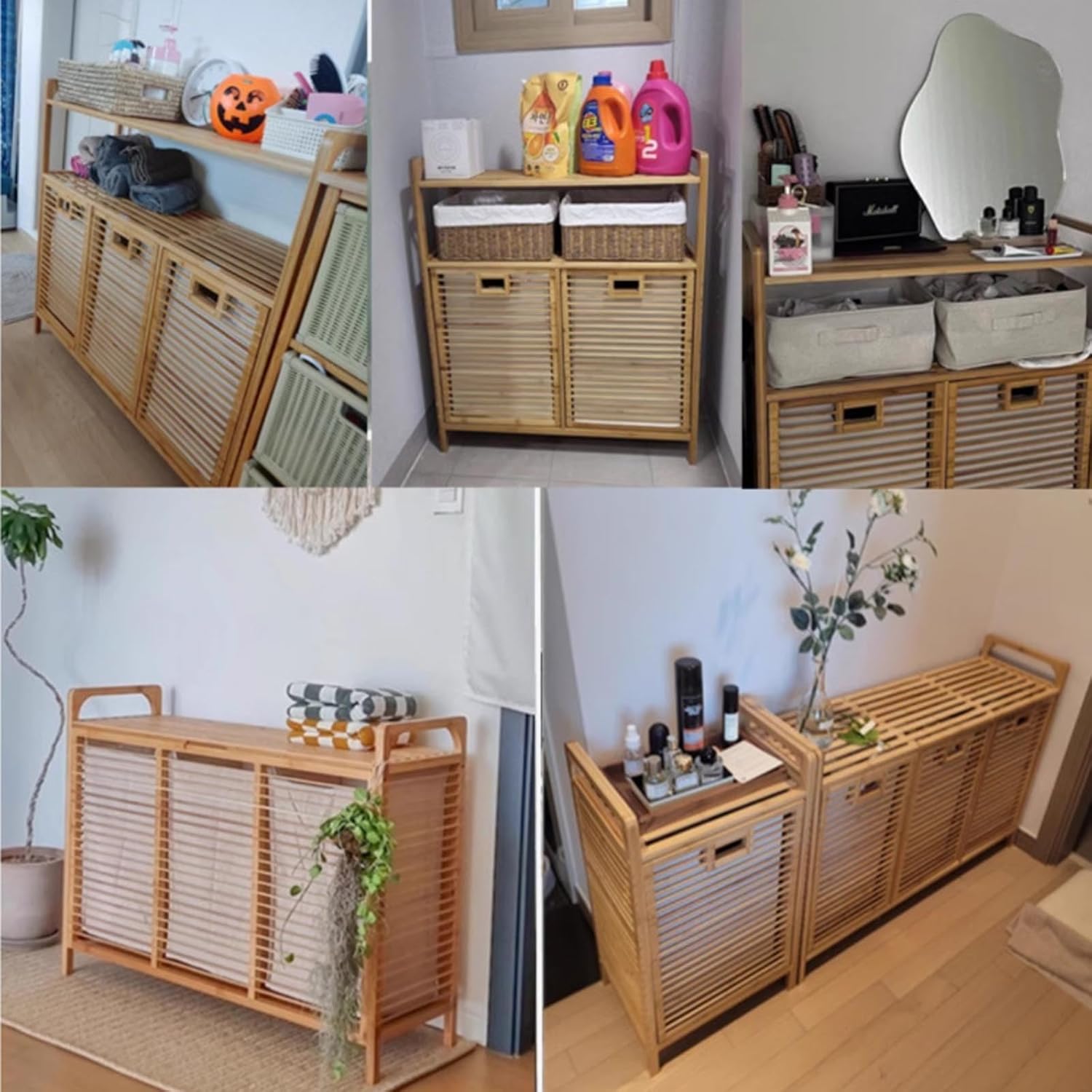 1 2 3Door Bathroom Laundry Cabinet with Shelf Bamboo Laundry Sorter Laundryhamper Cabinet Organizer Towel Storage w/Tilt Out Basket for Laundryroom Living Room Bedroom(Single Door with crosspieces)
