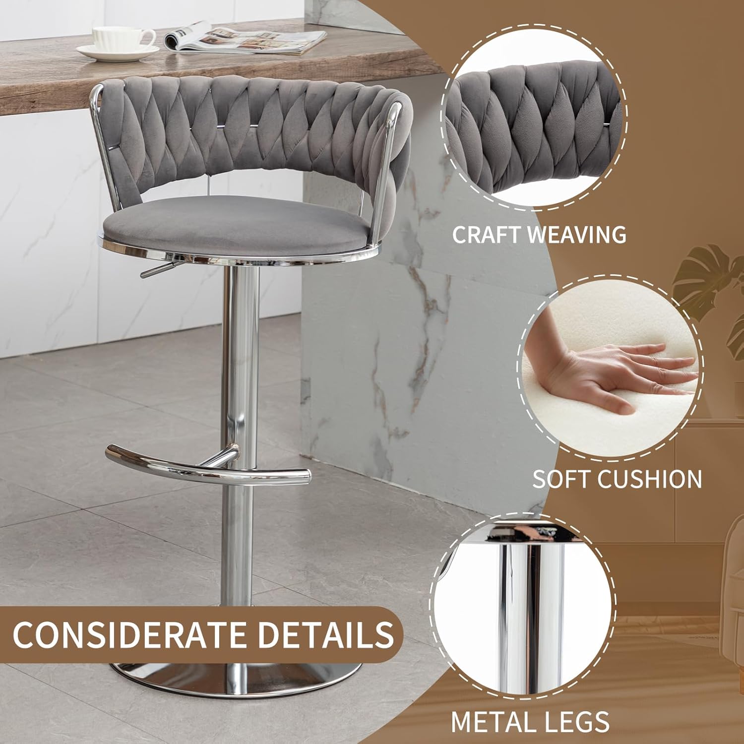 Velvet Bar Stools Set of 3, Modern Swivel Barstools with Woven Backrest, Adjustable Counter Stools for Kitchen Island, Dining Room, Cafe, Pub (Grey)