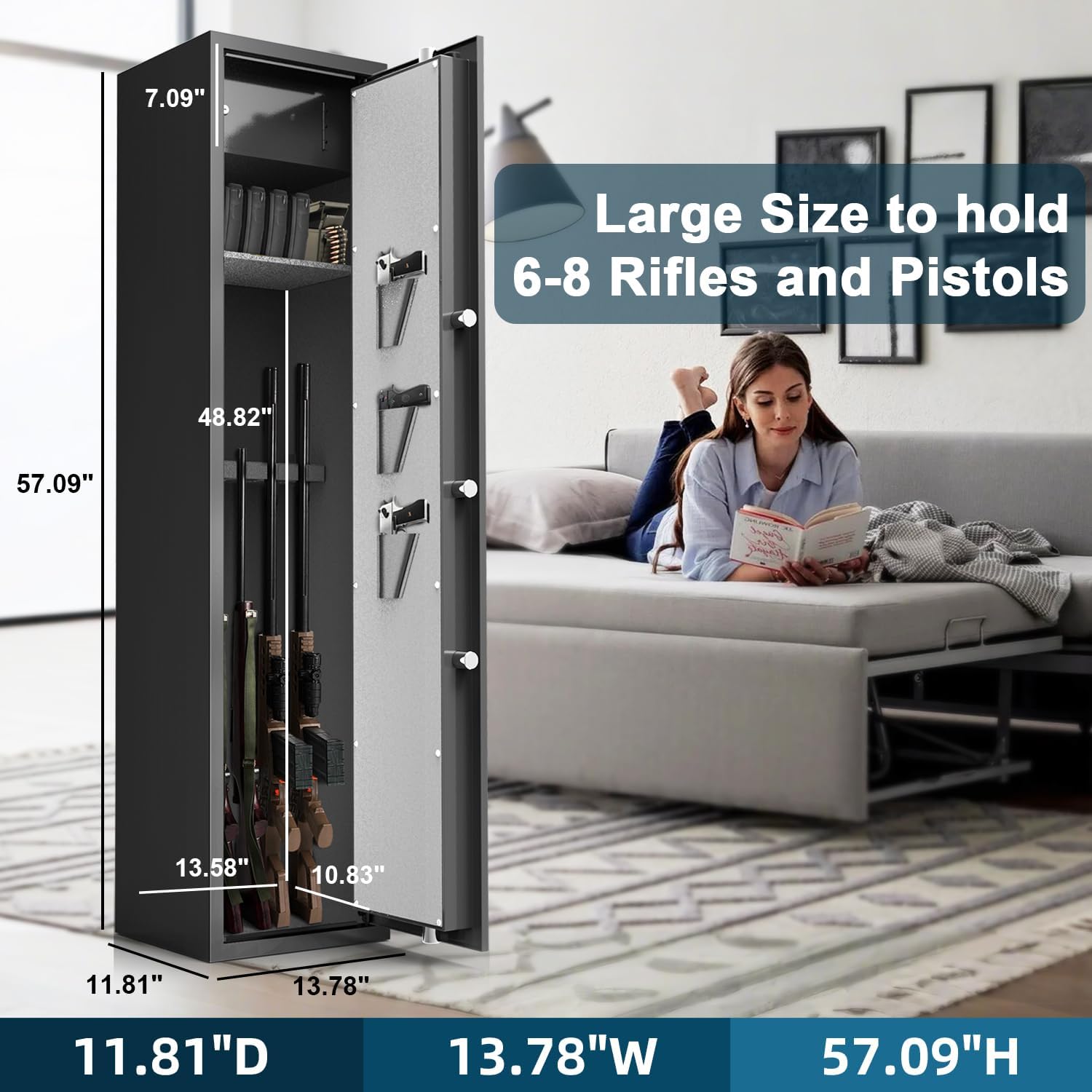 Emasme BN-B3-5D Digital Gun Safe with detailed dimensions and capacity for 6-8 rifles and pistols.